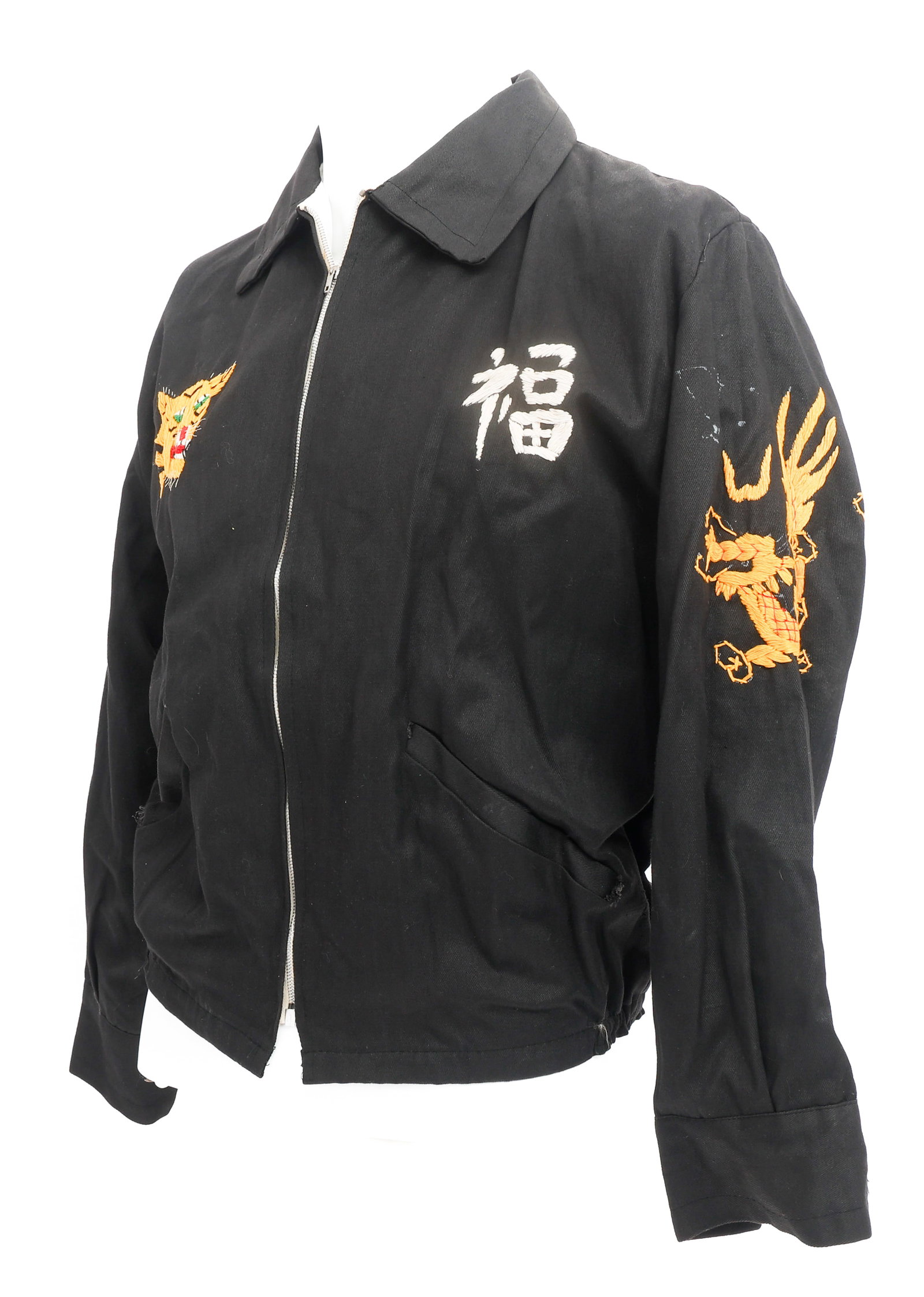 VIETNAM WAR US CAM RANH BAY TOUR JACKET: VIETNAM WAR US CAM RANH BAY TOUR JACKET Vietnam War U.S. Cam Ranh Bay Tour Jacket. Black gabardine with gray velvet liner. Tiger and Kanji character embroidered on the chest, on the reverse is a map o