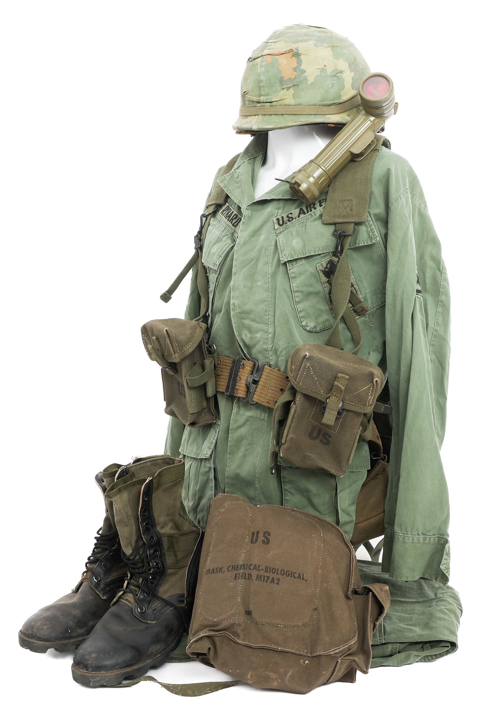 VIETNAM WAR USAF POLICE JUNGLE UNIFORM & GEAR SET: VIETNAM WAR USAF POLICE JUNGLE UNIFORM & GEAR SET Vietnam War U.S. Air Force Uniform Set. (1) M1 Helmet with Mitchell Camouflage Cover. Back seam, swivel bale with elastic band and OD3 chinstrap. US 1