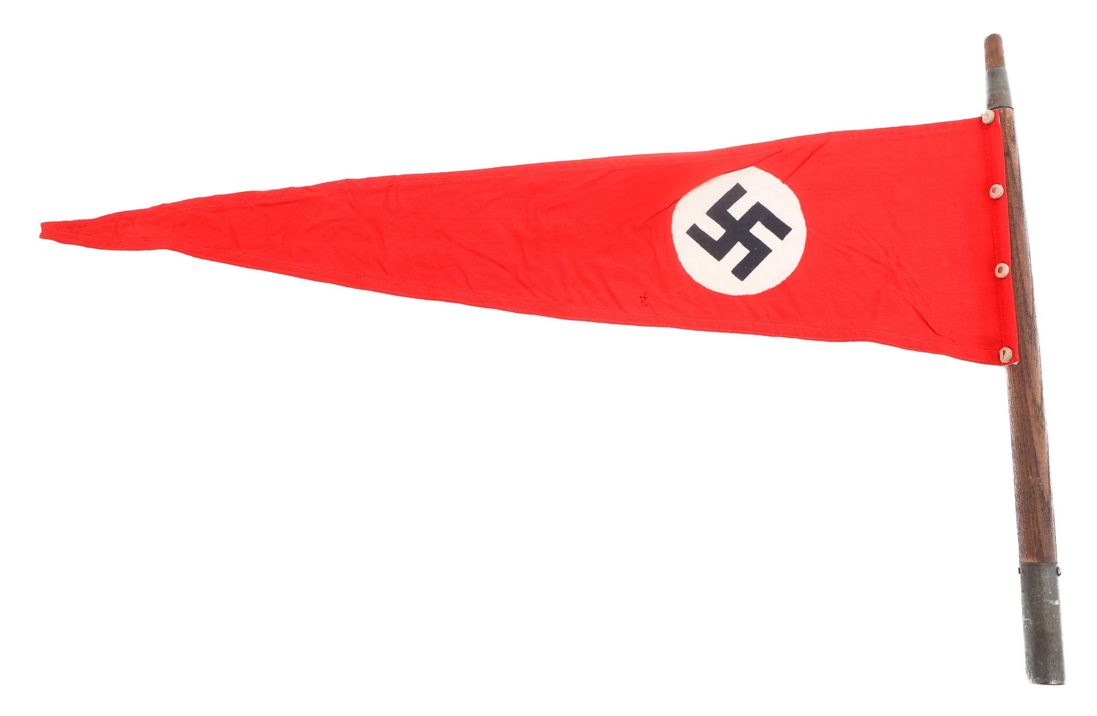WWII GERMAN NSDAP RALLY PENNANT: WWII GERMAN NSDAP RALLY PENNANT WWII German NSDAP Rally Pennant. Double sided, single piece cotton with printed emblem. Wooden handle with steel fittings. Size: 16 3/4" x 26"