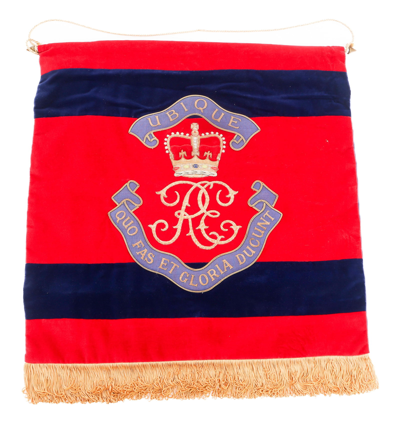 BRITISH ROYAL ENGINEERS BAND INSTRUMENT DRAPE: BRITISH ROYAL ENGINEERS BAND INSTRUMENT DRAPE British Royal Engineers Band Instrument Drape. Felt with bullion stitching. Size: 21" x 21"