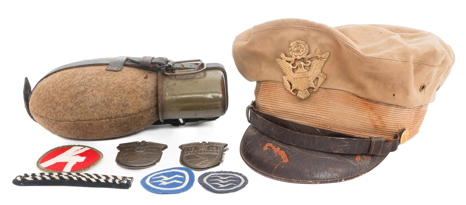 WWII GERMAN & US ARMY WATER CANTEEN & VISOR CAP: WWII GERMAN & US ARMY WATER CANTEEN & VISOR CAP WWII German Army and US Army Water Canteen and Visor Cap. (1) Named US Army Officer Khaki Summer Visor Cap. Named to Charles W. Keister, Size 7 1/4. (1)