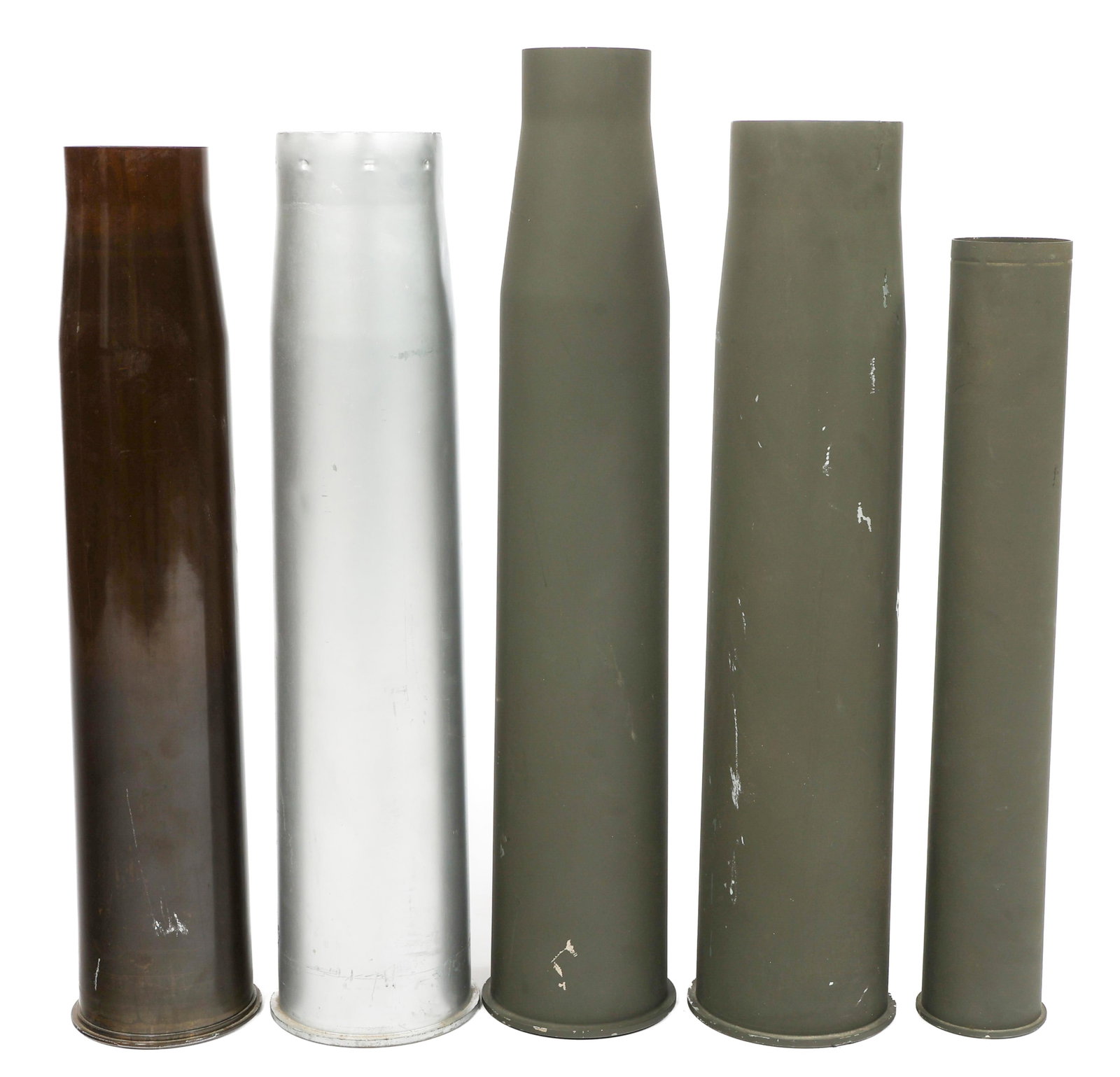 20th C. US ARMED FORCES ARTILLERY SHELLS: 20th C. US ARMED FORCES ARTILLERY SHELLS U.S. Armed Forces Artillery Shells. (1) 3 inch Mk. 10 76mm Shell. Dated 1959. (1) 90mm Shell. Dated 1969. (1) 76mm Shell. Dated 1954. (2) 105mm Shells. Weight: