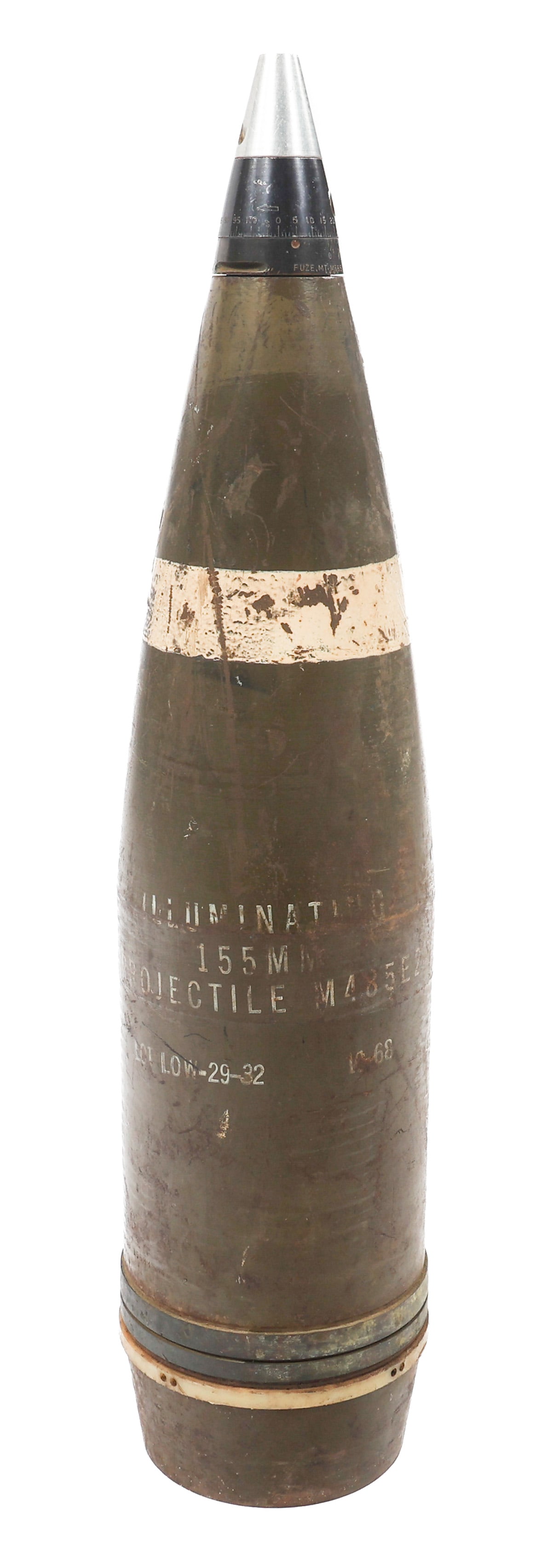 COLD WAR US 155mm M485 ARTILLERY ROUND: COLD WAR US 155mm M485 ARTILLERY ROUND Cold War US 155mm M485 Artillery Round. Size: 27 1/2" x 6" Weight: 63 lbs