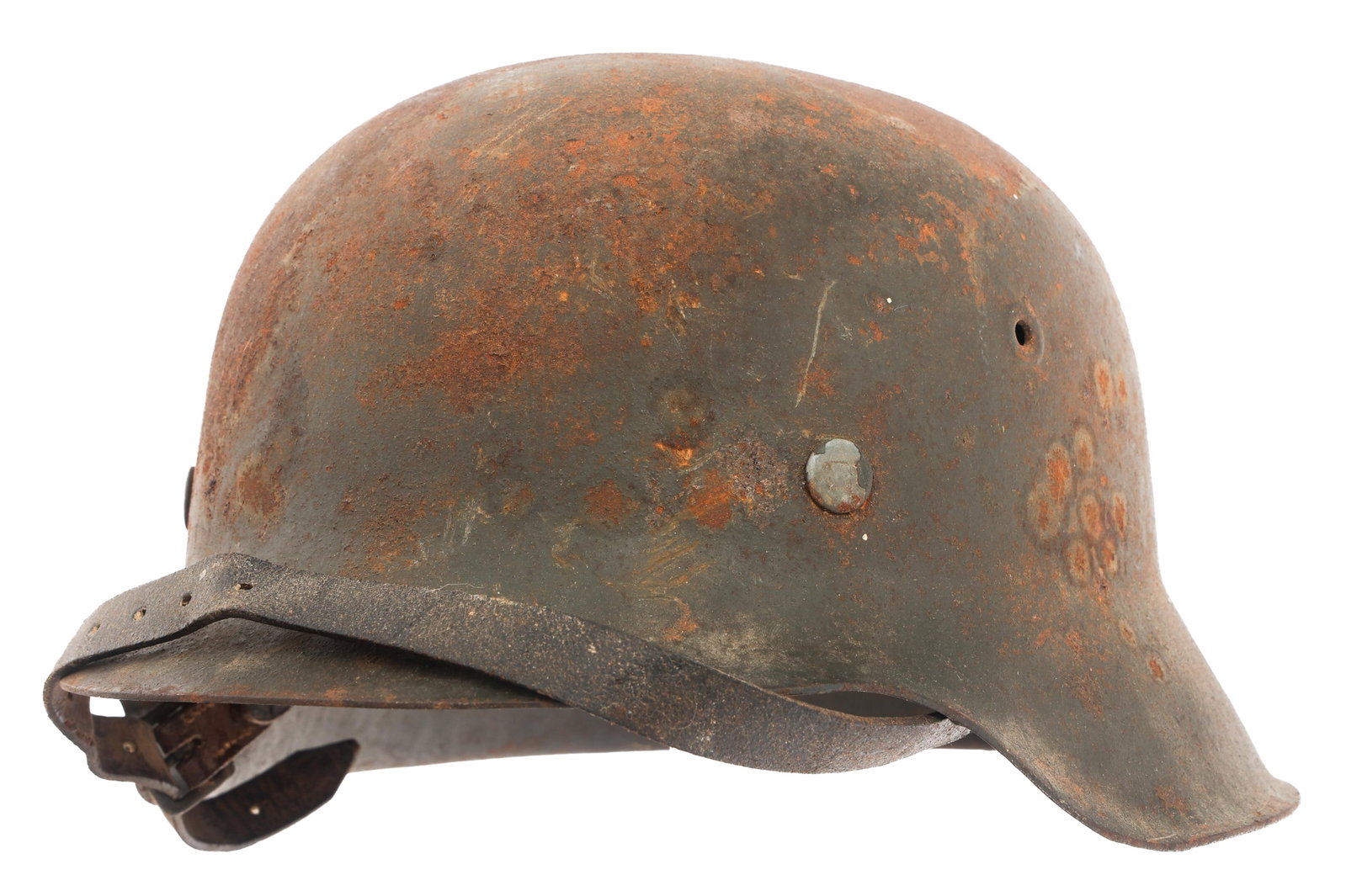 REFURBISHED WWII GERMAN M42 COMBAT HELMET: REFURBISHED WWII GERMAN M42 COMBAT HELMET Refurbished WWII German M42 Combat Helmet. Stamps inside the rim, faded. Leather liner stamped 56. Leather chinstrap.