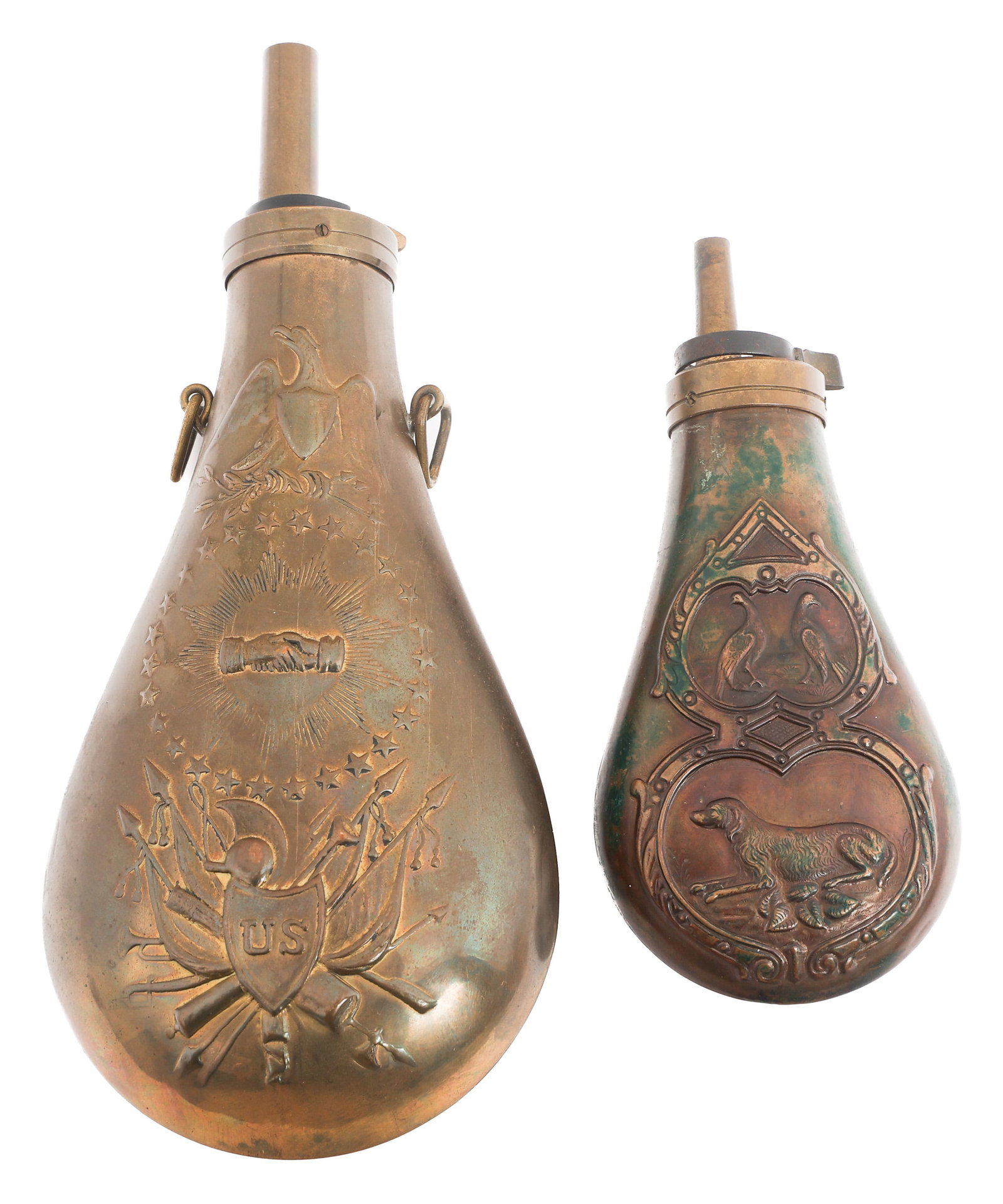 CONTEMPORARY PRODUCTION BRASS POWDER FLASKS (1 of 7)