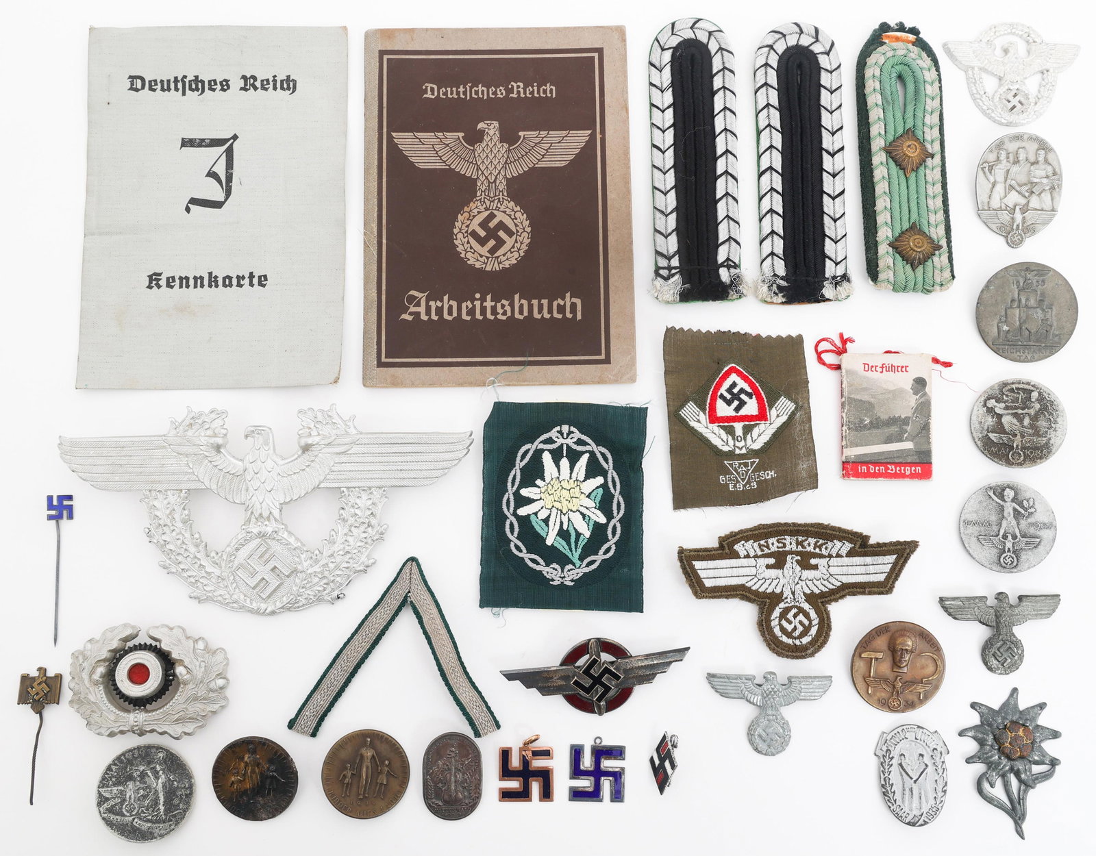 WWII GERMAN INSIGNIA, BADGES, PINS & ARBEITSBUCH