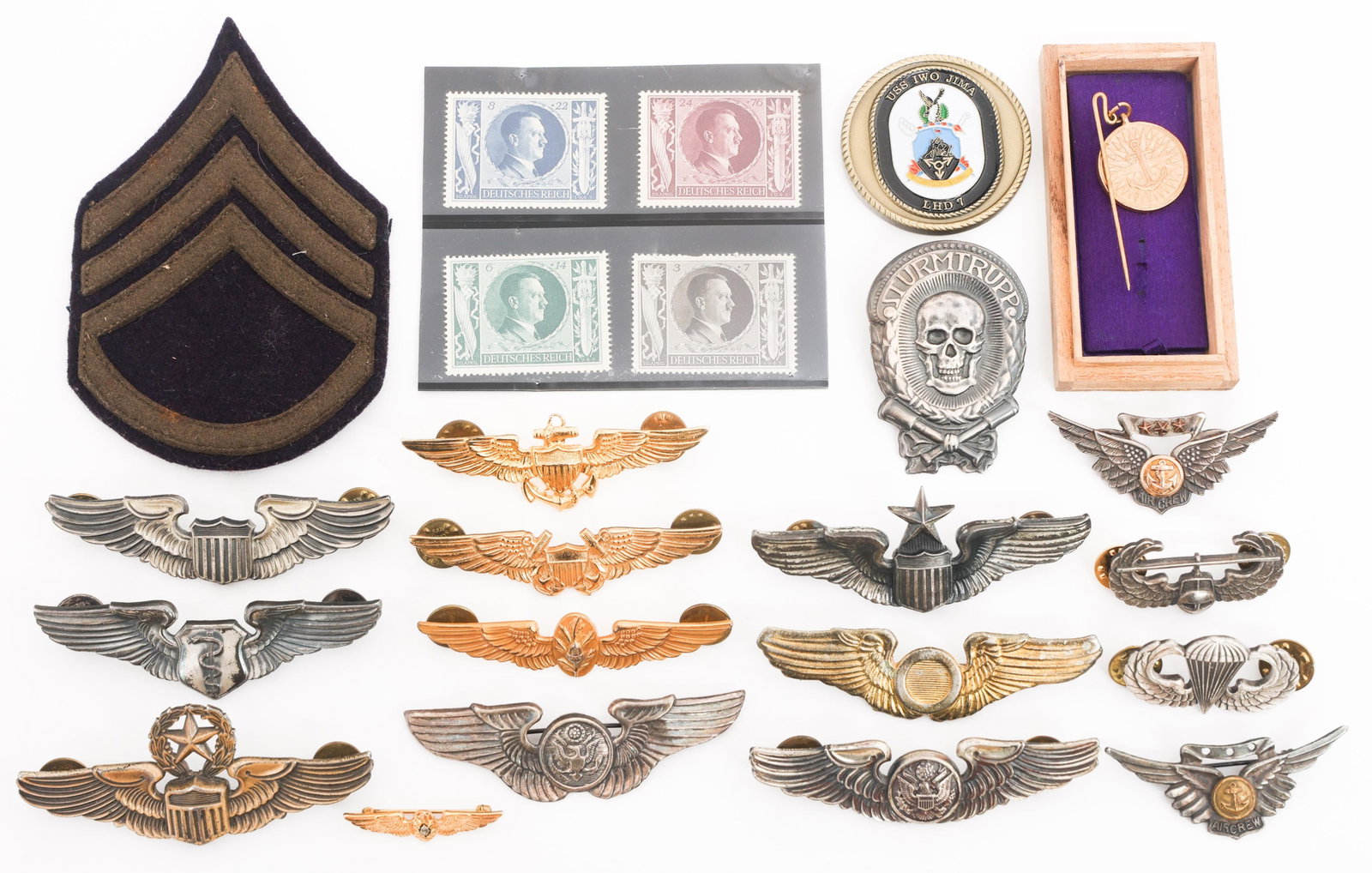 WWII USAAF & GERMAN PILOT WINGS & INSIGNIA: WWII USAAF & GERMAN PILOT WINGS & INSIGNIA WWII U.S. Army Air Force and German Pilot Wings and Insignia. Includes Sturmtruppe badge, Japanese fleet donation medal, pilot wings, flight surgeon pilot