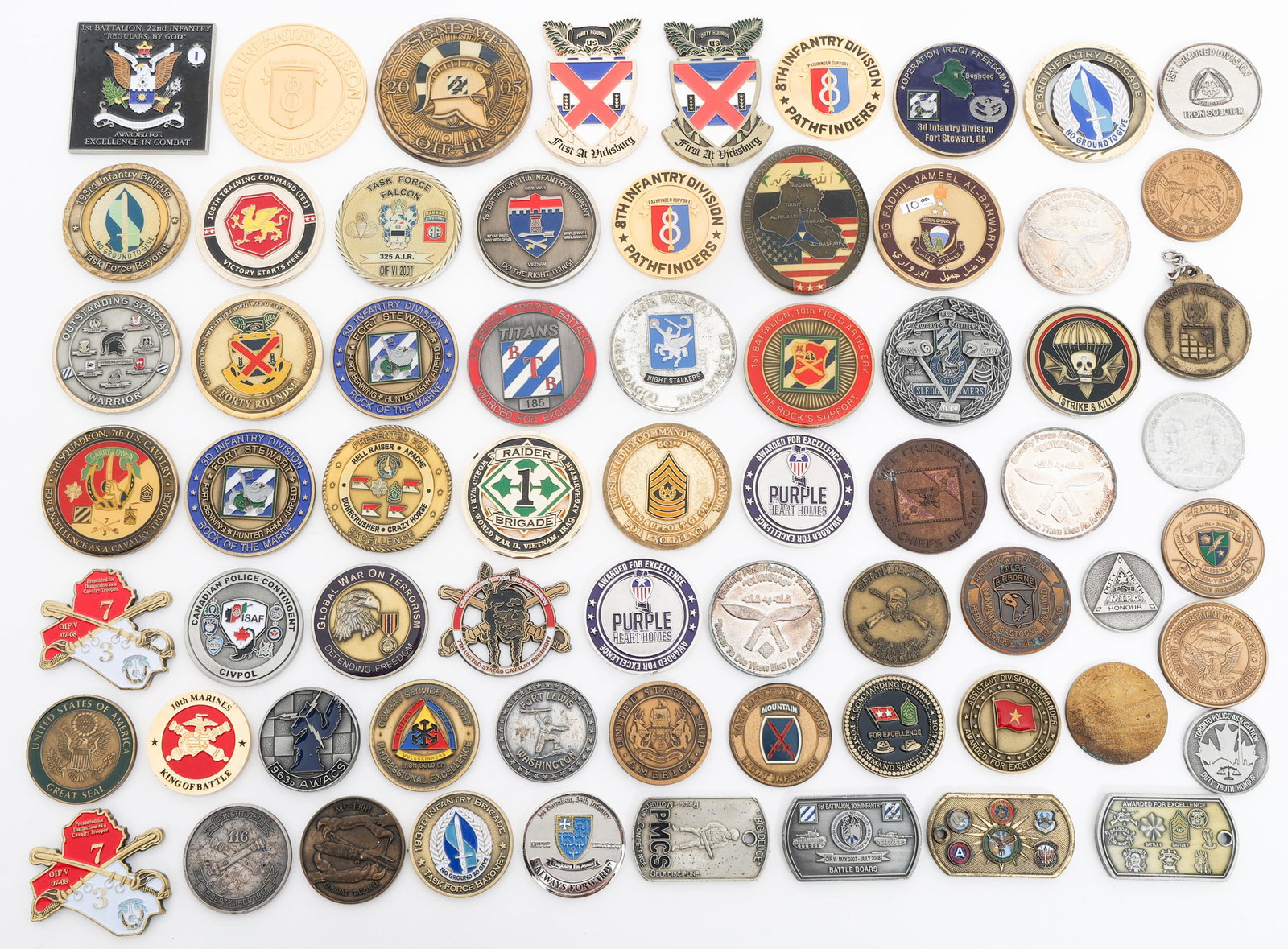 COLD WAR - CURRENT US ARMED FORCES CHALLENGE COINS: COLD WAR - CURRENT US ARMED FORCES CHALLENGE COINS Cold War - Current US Armed Forces Challenge Coins. Various units and campaigns. Provenance: Lifetime Military Memorabilia & Arms Collection of
