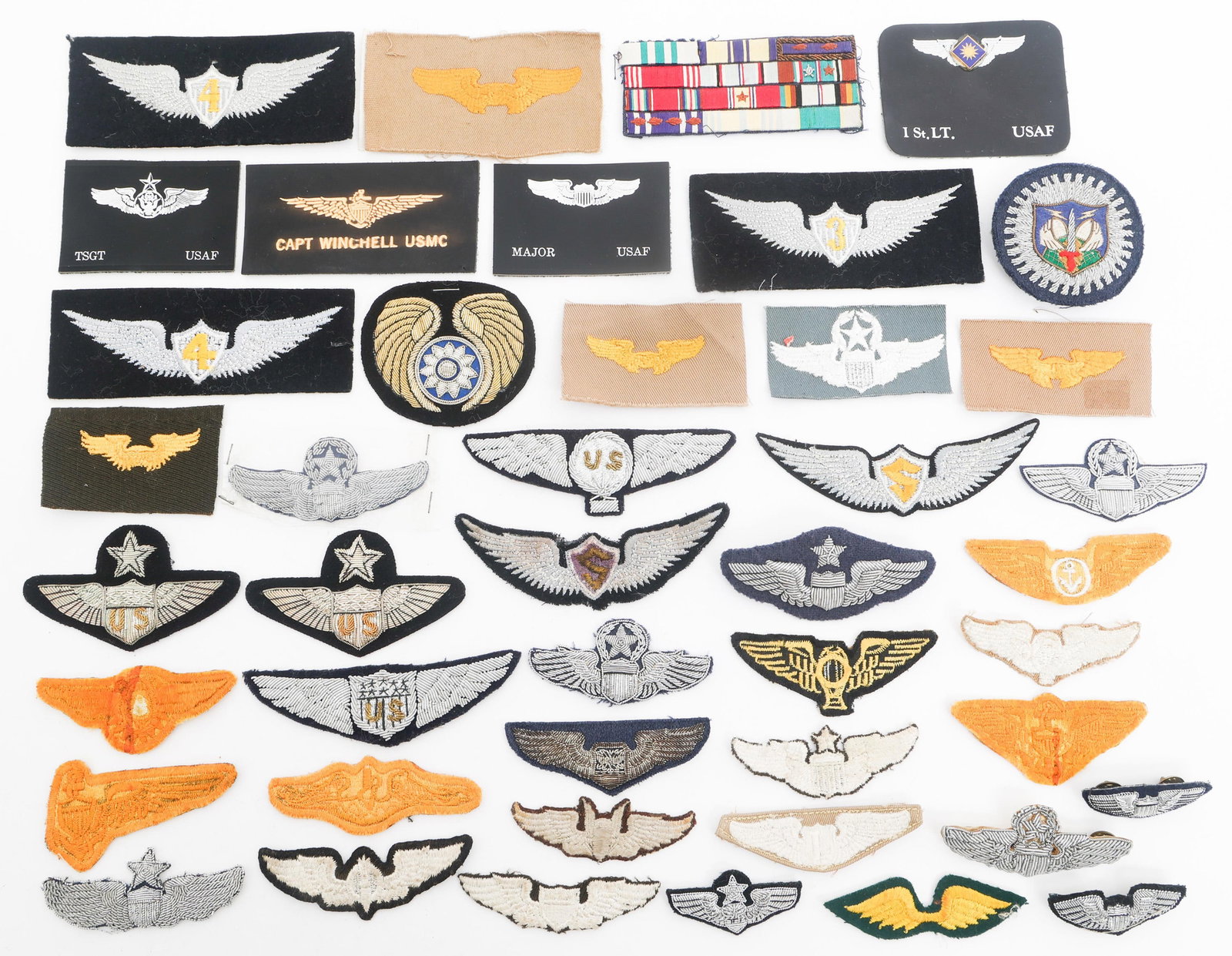 WWII - COLD WAR US ARMED FORCES EMBROIDERED WINGS: WWII - COLD WAR US ARMED FORCES EMBROIDERED WINGS WWII to Cold War USAF, USMC, and AAF Embroidered Wings, Patches, Name Tabs, and More. (37) Embroidered Patches. Services include balloon observer, aer