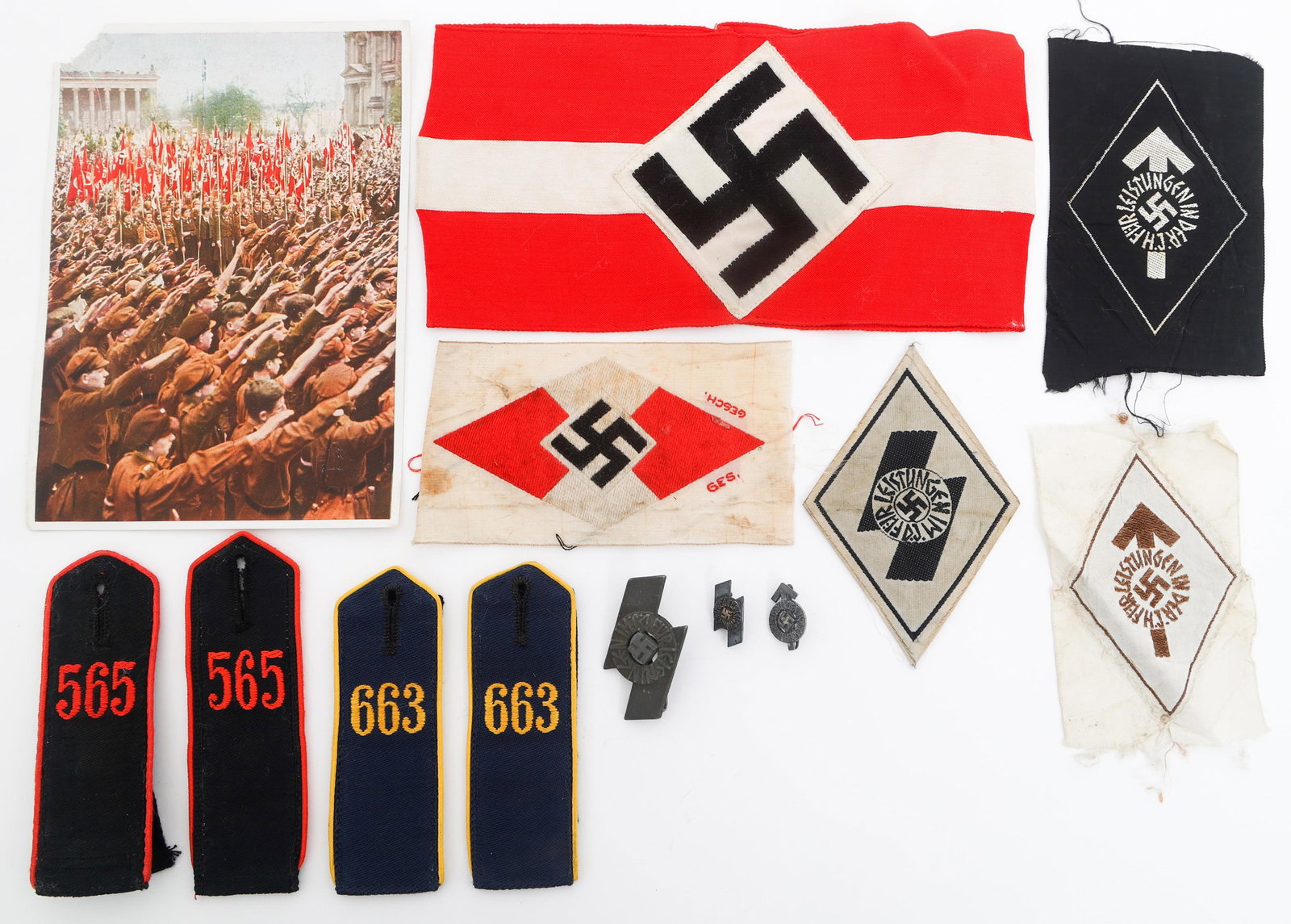 WWII GERMAN HITLER YOUTH ARMBAND, BADGES & BOARDS