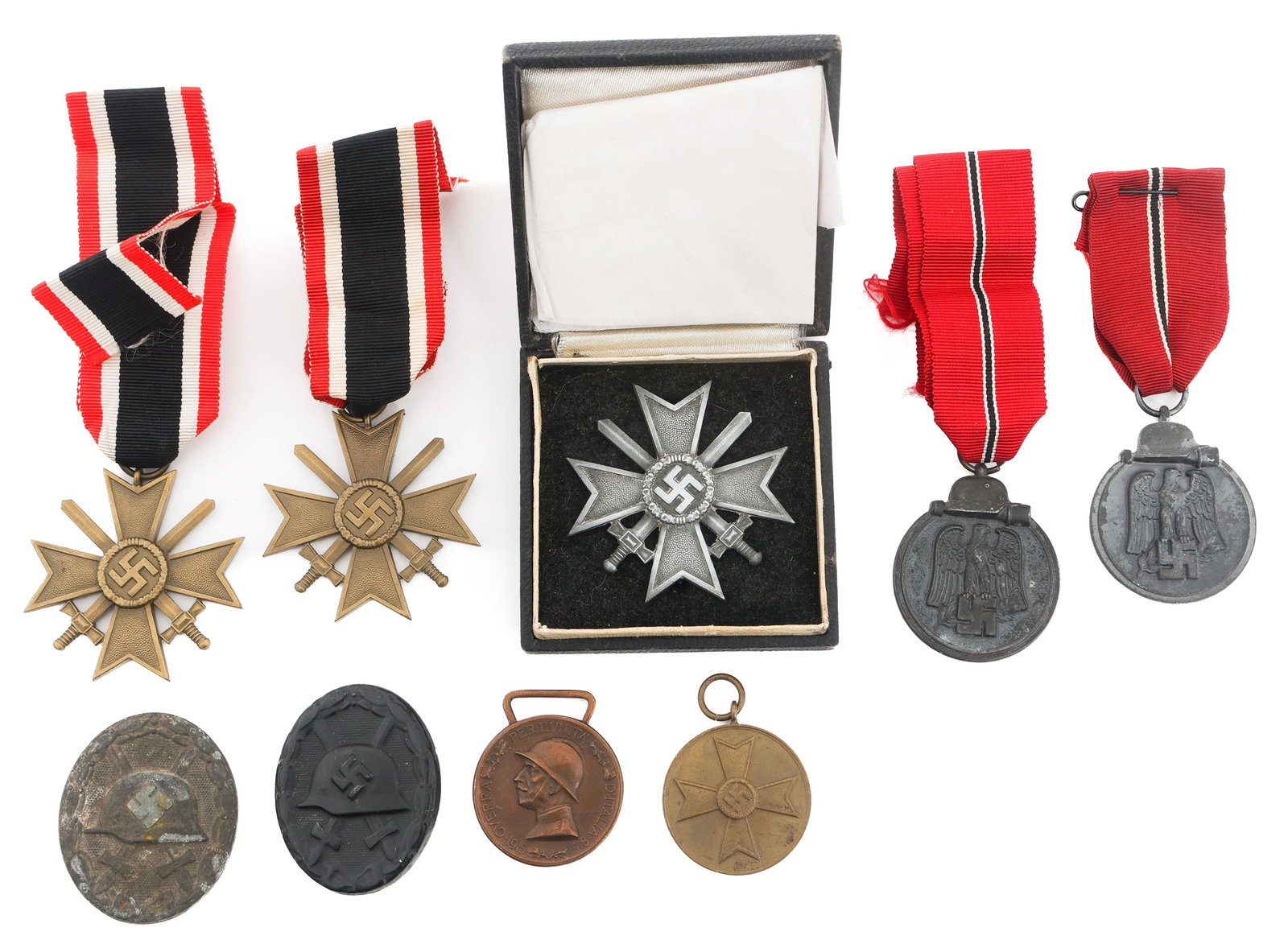 WWII GERMAN WAR MERIT CROSS, WOUND BADGES & MEDALS