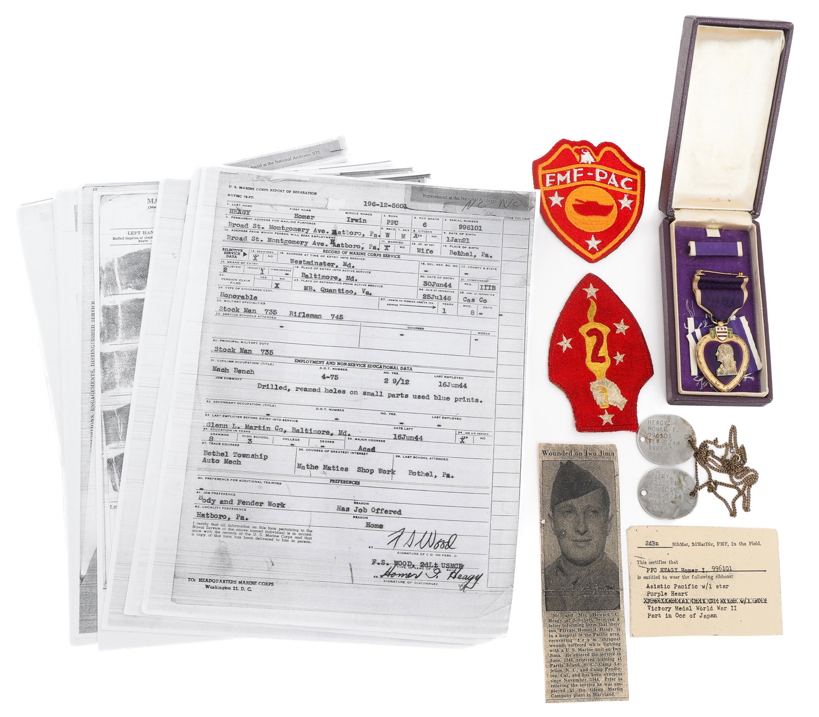 WWII USMC IWO JIMA WIA NAMED PURPLE HEART GROUP: WWII USMC IWO JIMA WIA NAMED PURPLE HEART GROUP WWII U.S. Marine Corps Iwo Jima Wounded in Action Purple Heart Grouping. Attributed to Private First Class Homer Irwin Heagy, 996101. (1) Unnamed Purple