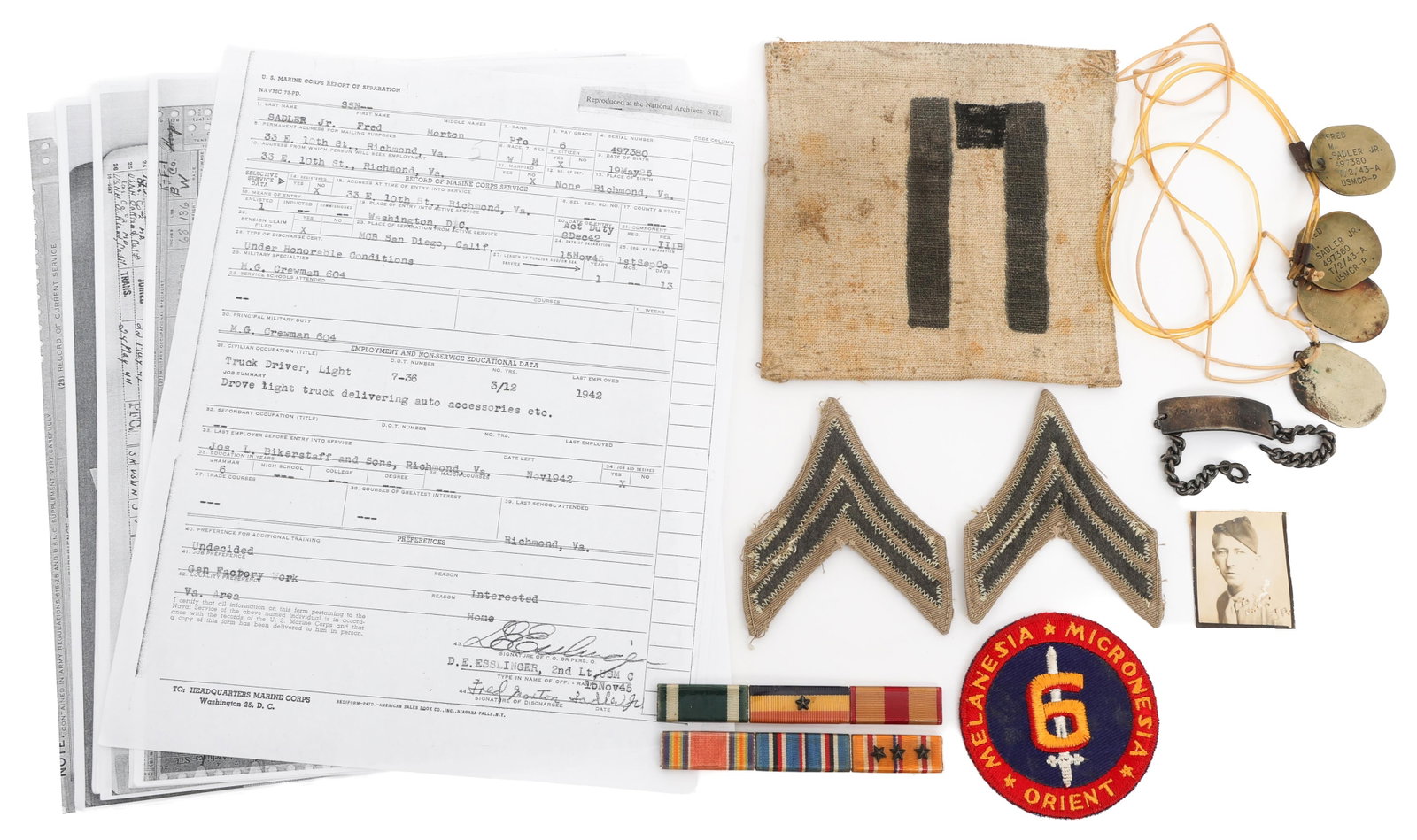 WWII USMC NAMED 6th MARINE MACHINE GUNNER GROUPING