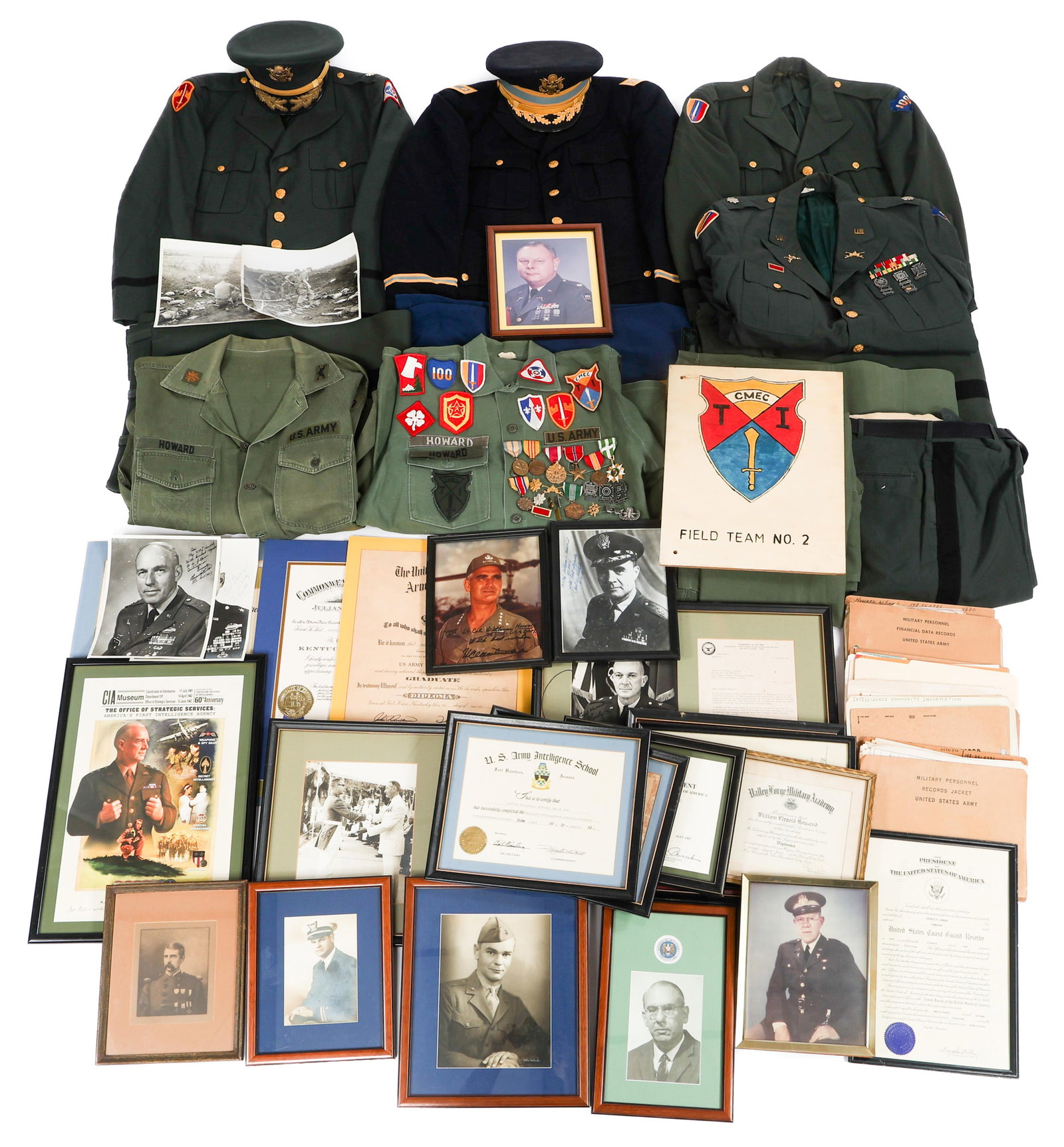 VIETNAM US ARMY MACV NAMED INTEL OFFICER GROUPING: VIETNAM US ARMY MACV NAMED INTEL OFFICER GROUPING Vietnam US Army MACV Military Intelligence Officers Named Grouping of Uniforms, Intelligence Documents, Medals, Hand Signed Commendations, and More. N