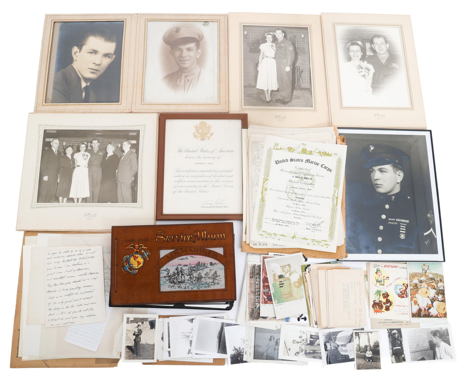 WWII USMC VMSB-132 VMF-112 NAMED GROUPING: WWII USMC VMSB-132 VMF-112 NAMED GROUPING WWII USMC 1st Marine Air Wing, VMSB-132 VMF-112 Radio Operator Photograph and Document Grouping. Named to Raymond Elliot Truby, 370464. (1) USMC Service