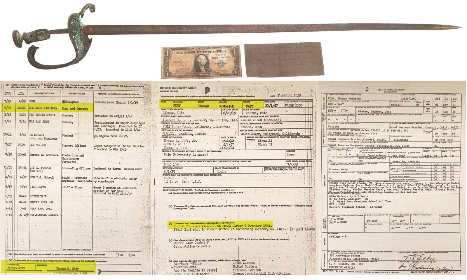 PEARL HARBOR USS WEST VIRGINIA RECOVERED SWORD: PEARL HARBOR USS WEST VIRGINIA RECOVERED SWORD Pearl Harbor Attack USS West Virginia Recovered M1852 Sword, 1935 $1 Silver Certificate and USN Check. Following the Japanese attack on Pearl Harbor,