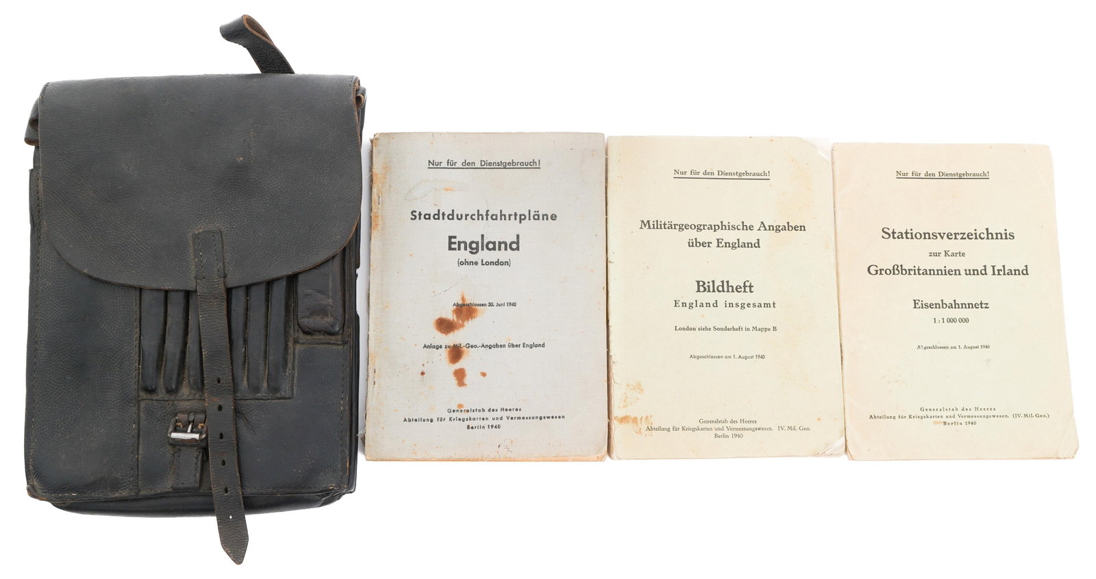 WWII GERMAN GREAT BRITAIN MAP BOOKS & CASE BAG: WWII GERMAN GREAT BRITAIN MAP BOOKS & CASE BAG WWII German Great Britain Map Books and Map Case Bag. (1) Military Geographical Information about England Photobook. Dated 1940. (1) Station Directory