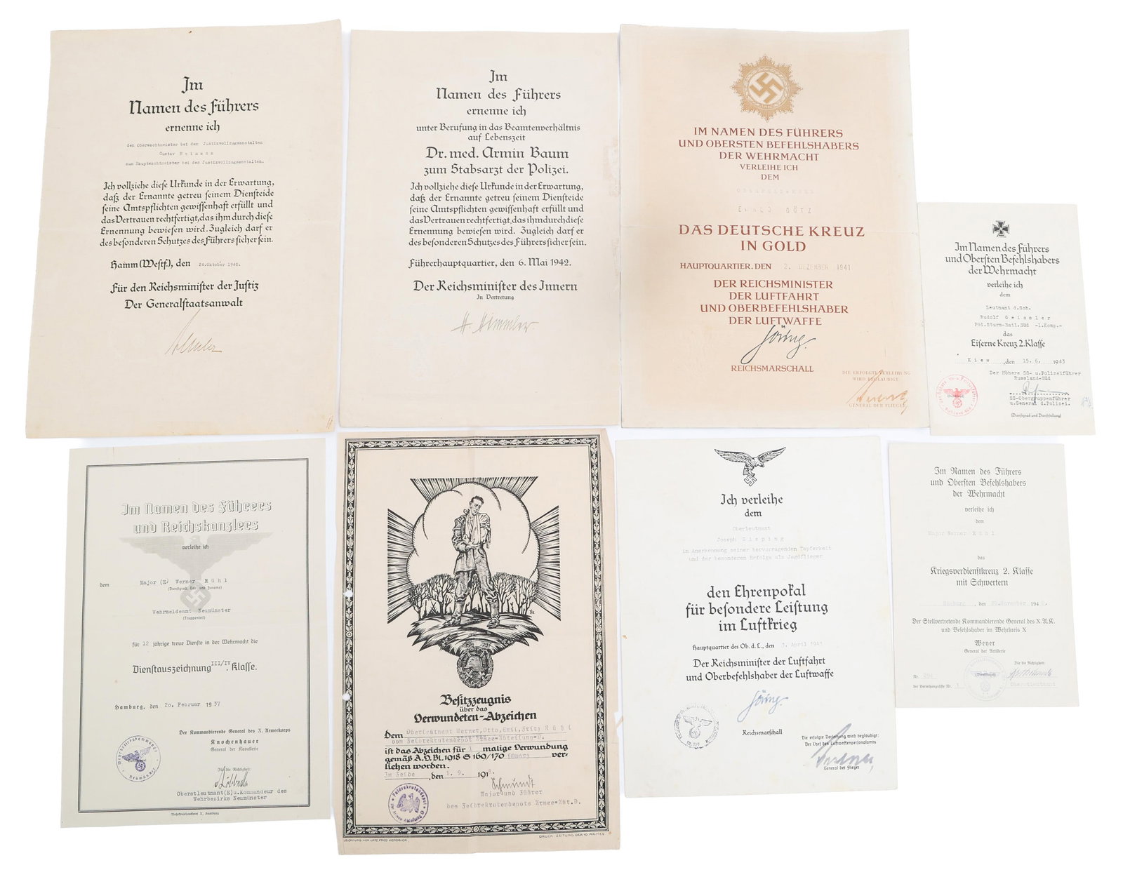WWII GERMAN ARMED FORCES NAMED AWARD CERTIFICATES