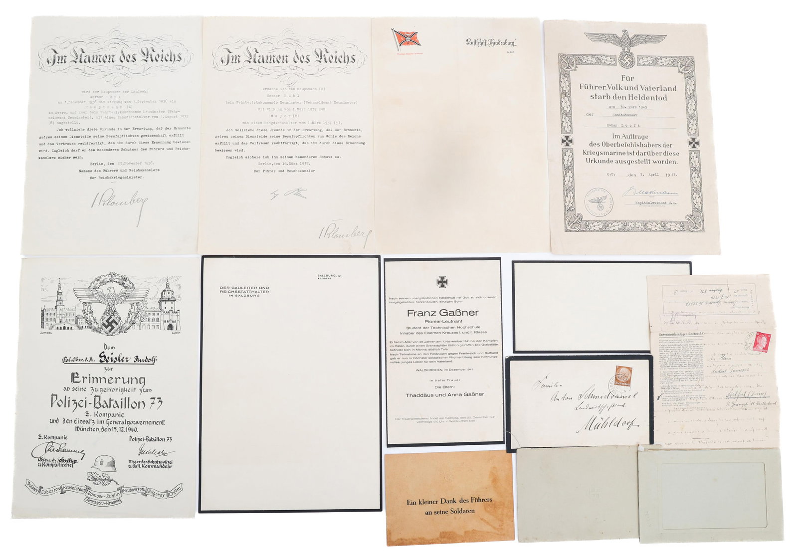 WWII GERMAN ARMY CERTIFICATES & CAMP DACHAU LETTER (1 of 14)