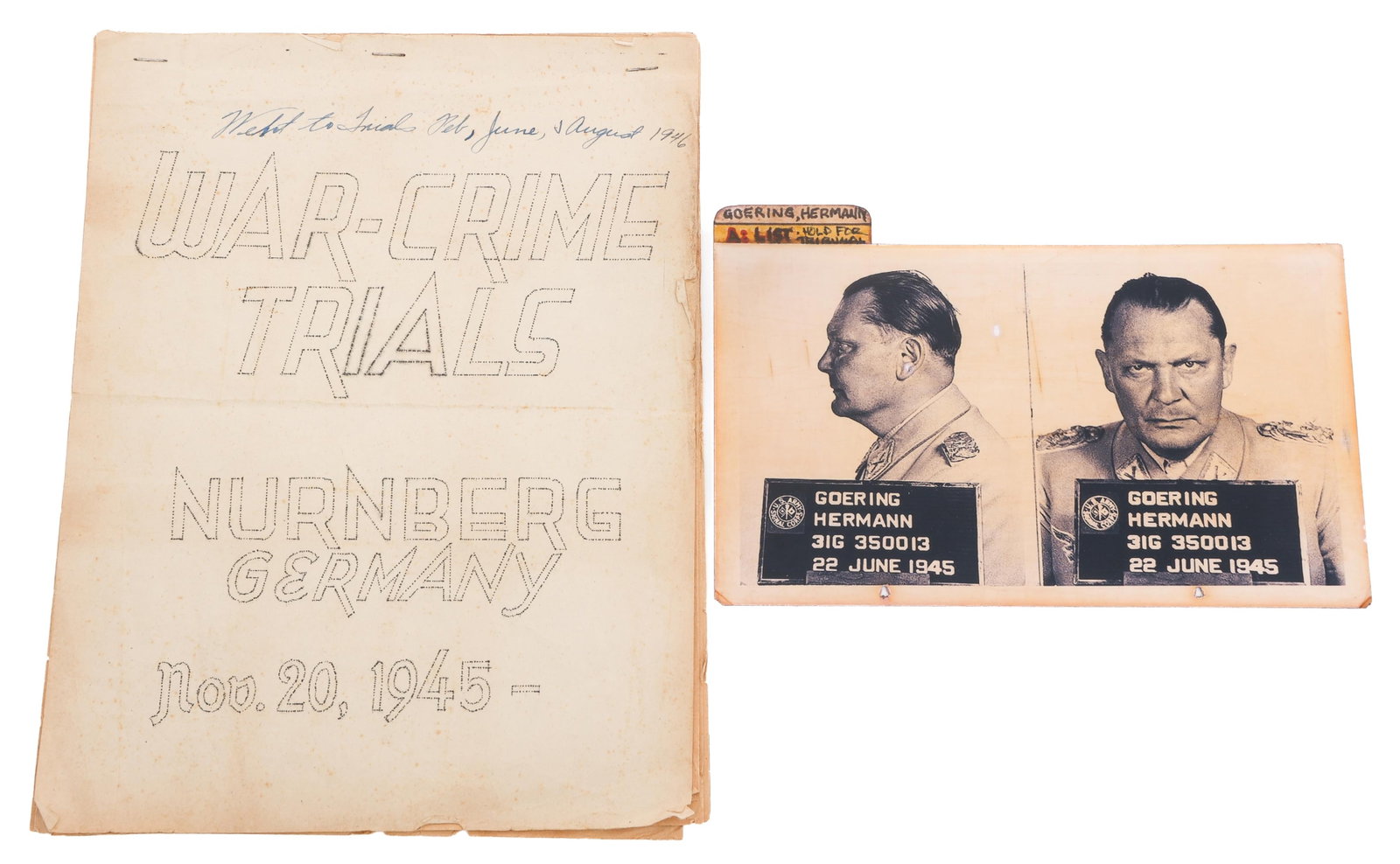 NUREMBERG TRIALS COURT SCHEDULE & GORING FILE CARD (1 of 9)