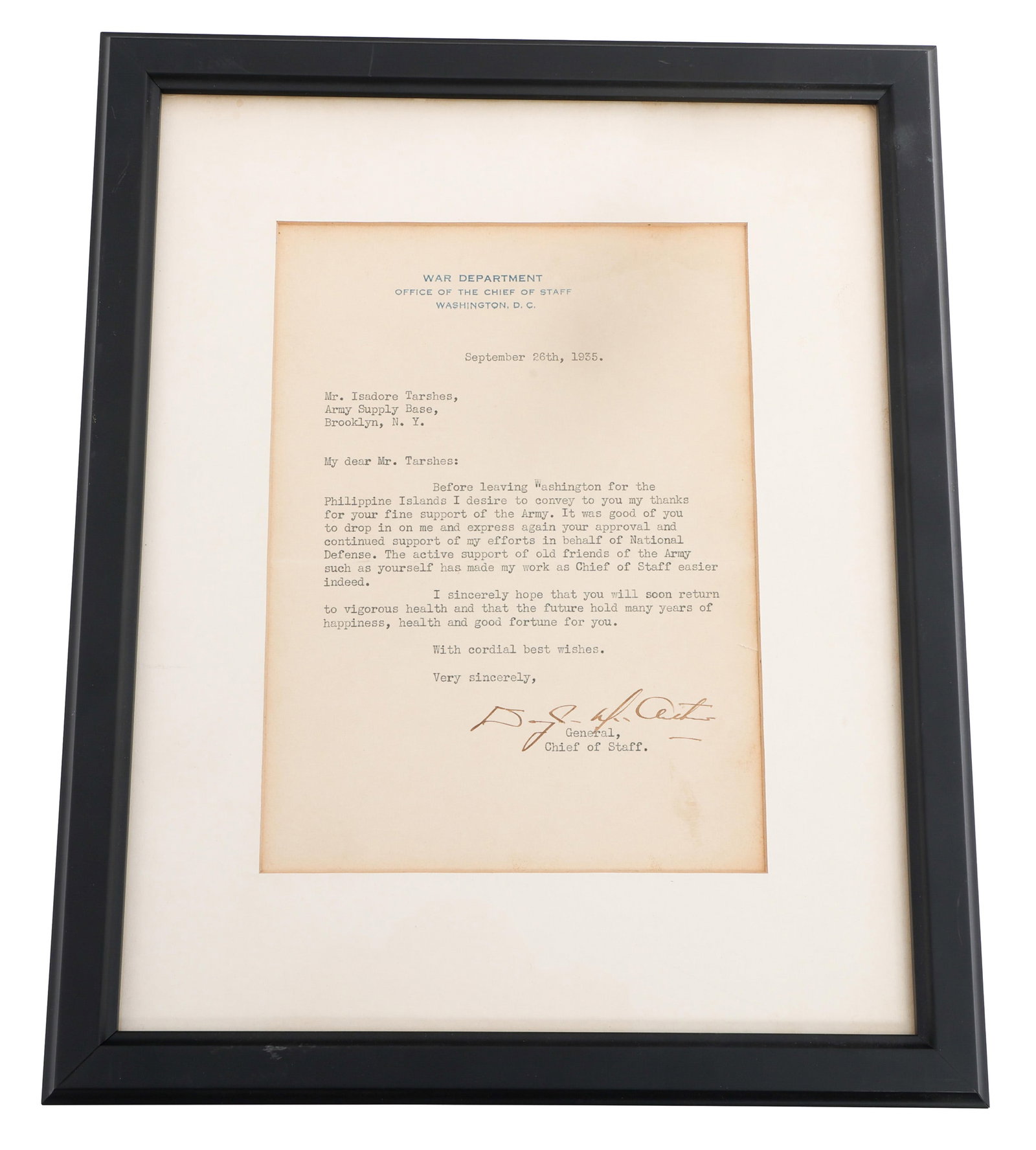 GENERAL MACARTHUR SIGNED WAR DEPARTMENT LETTER (1 of 4)