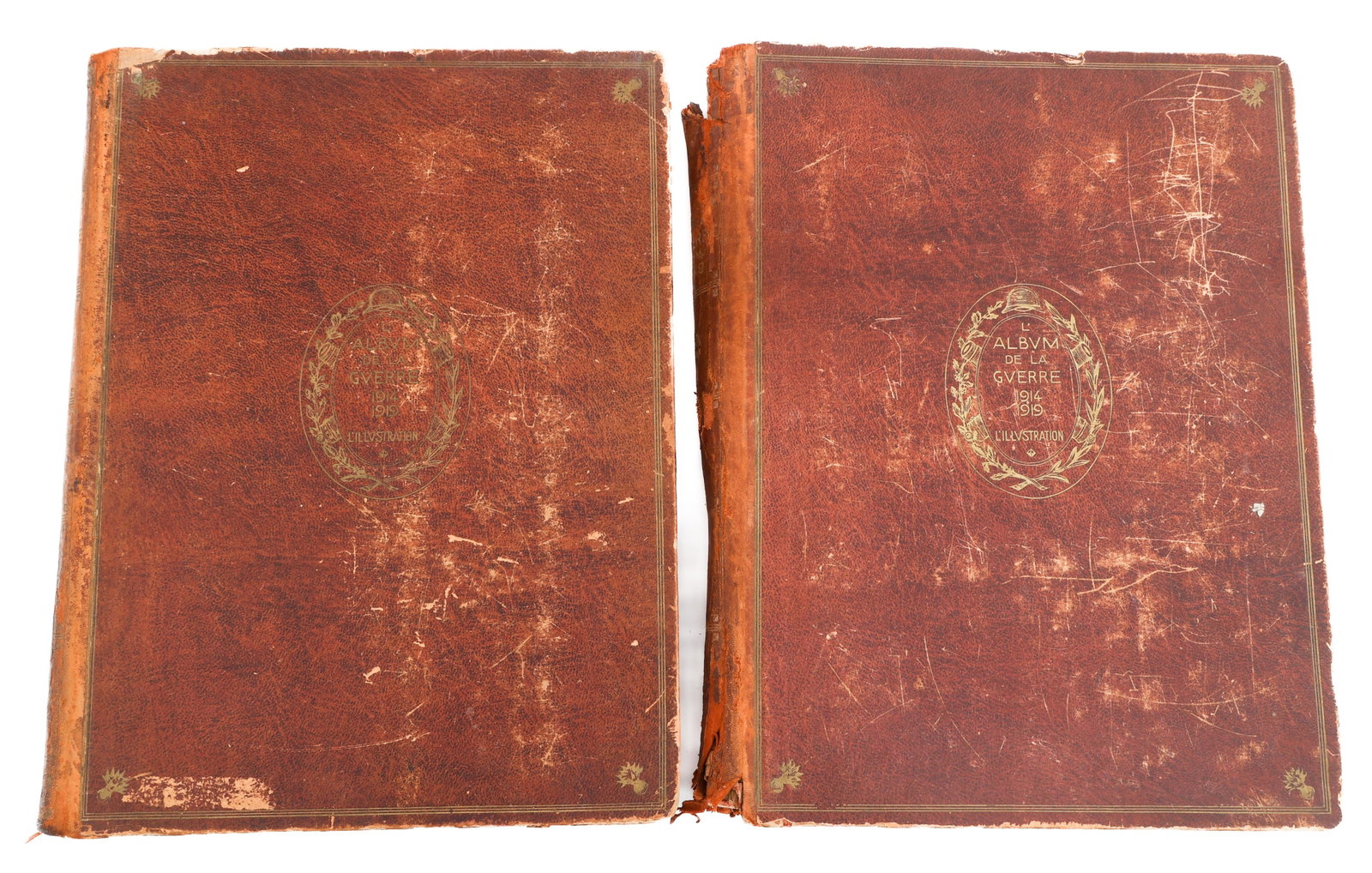 FRENCH WWI MEMORIAL ILLUSTRATED BOOK SET: FRENCH WWI MEMORIAL ILLUSTRATED BOOK SET French WWI Memorial Illustrated History Book Set. "L' Album De La Guerre 14 - 19" Volumes I and II, 1924 edition. Leather bound and gilded binding. Size: 16" x