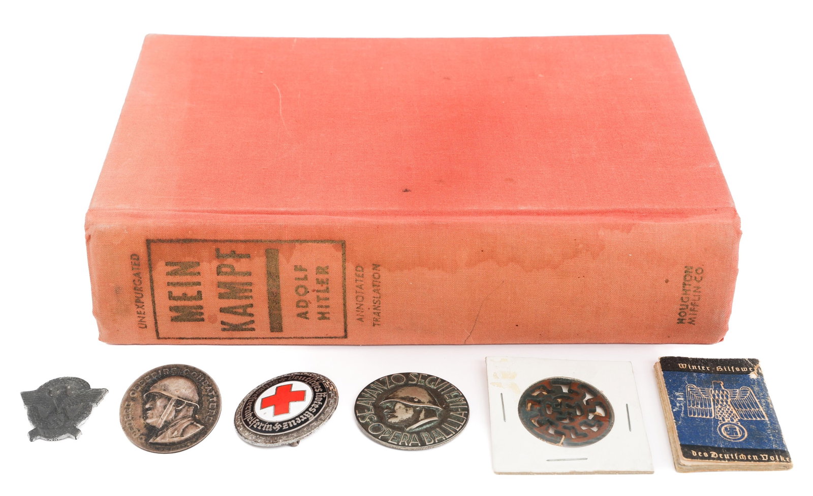 WWII GERMAN SS TRANSLATED MEIN KAMPF BOOK & BADGES: WWII GERMAN SS TRANSLATED MEIN KAMPF BOOK & BADGES WWII German SS Translated Mein Kampf Book and Badges. (1) 1939 Dated English Translation of Mien Kampf. Published by Houghton Mifflin Company. (1)