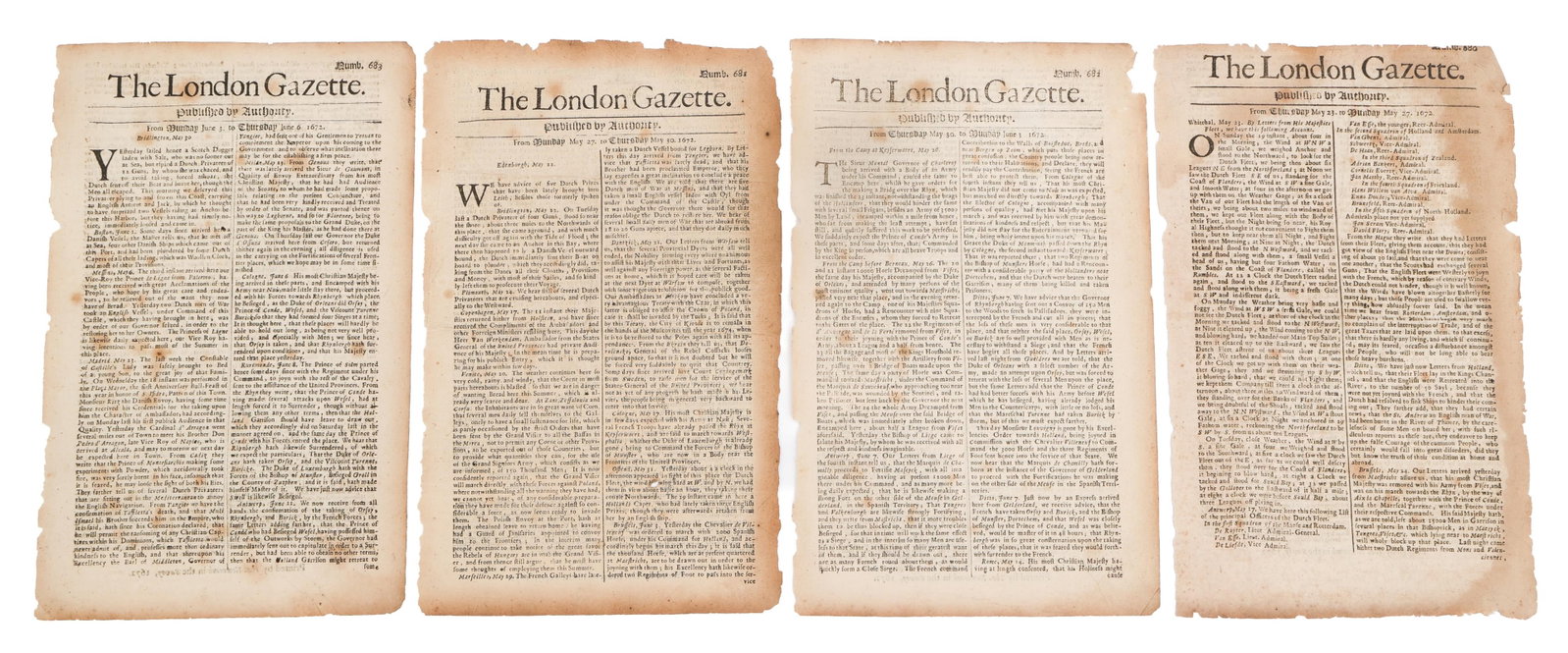 1672 LONDON GAZETTE ENGLISH BATTLE OF SOLEBAY: 1672 LONDON GAZETTE ENGLISH BATTLE OF SOLEBAY The London Gazette newspapers covering the Third Anglo-Dutch War English Battle of Solebay. Details the ongoing war and the battle of Solebay. Pages are