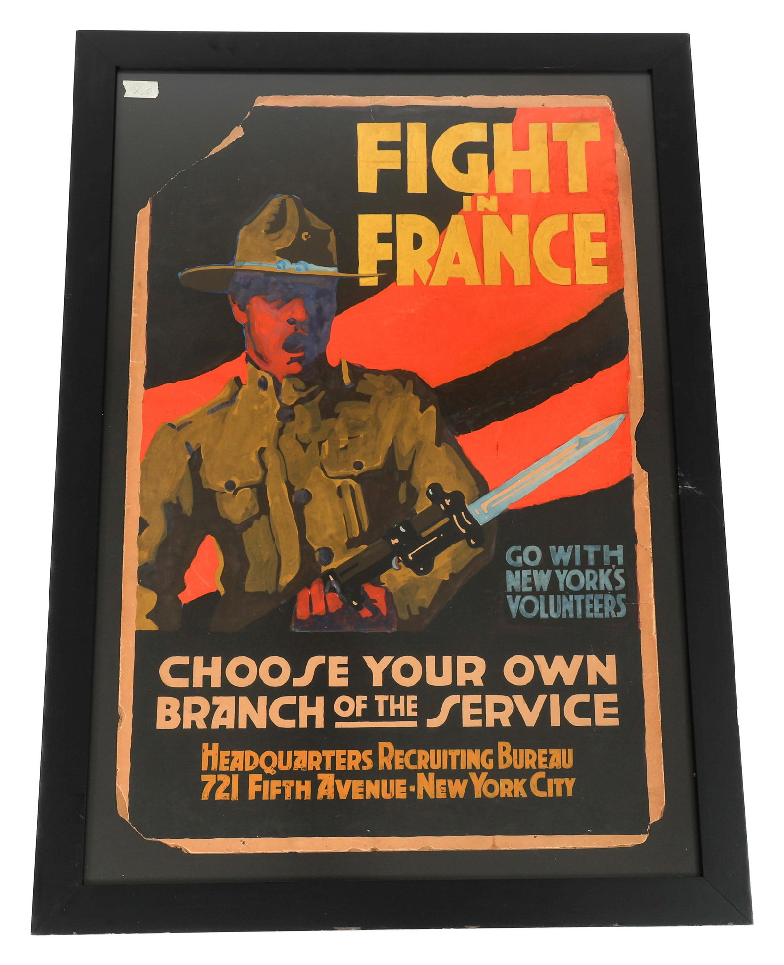 WWI "FIGHT IN FRANCE" US ORIGINAL ARTWORK PAINTING: WWI "FIGHT IN FRANCE" US ORIGINAL ARTWORK PAINTING "Fight in France" US Armed Forces Original Artwork Watercolor Painting. Provenance hand written on the back. Painting size: 29" x 19". Frame: 35" x
