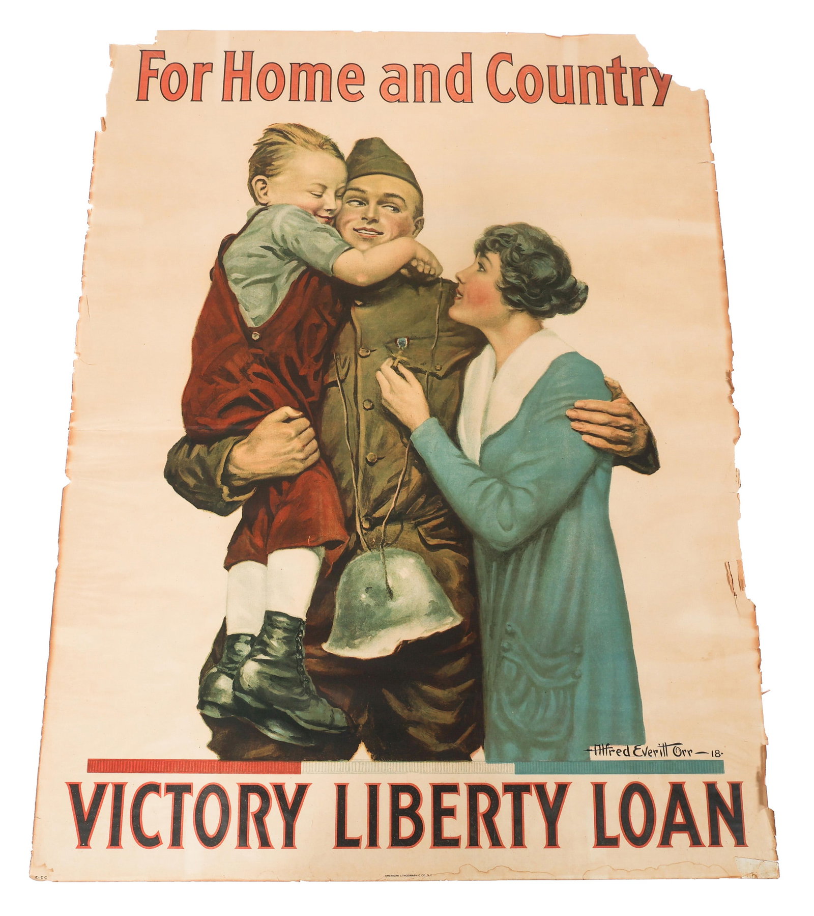 WWI US VICTORY LIBERTY LOAN PROPAGANDA POSTER: WWI US VICTORY LIBERTY LOAN PROPAGANDA POSTER WWI US "For Home and Country - Victory Liberty Loan" Propaganda Poster. Sketch art by Alfred Everitt Orr. Dated 1918. Cardboard backing, poster is