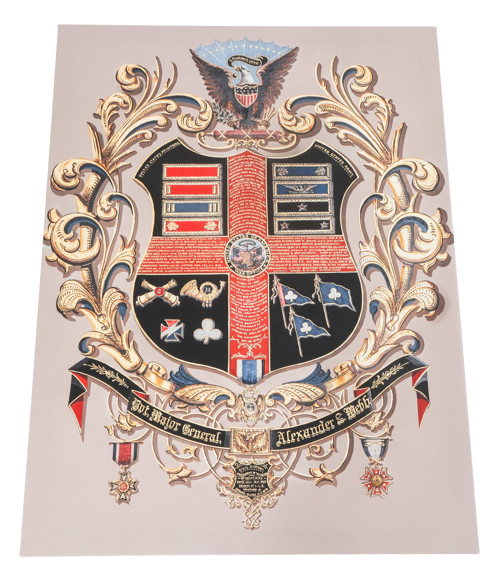REPRINT CIVIL WAR MAJOR GENERAL WEBB PAINTING: REPRINT CIVIL WAR MAJOR GENERAL WEBB PAINTING Reprint Civil War Brevet Major General Alexander S. Webb U.S. Volunteer Force painting on canvas. Artwork depicts a coat of arms with battles and orders