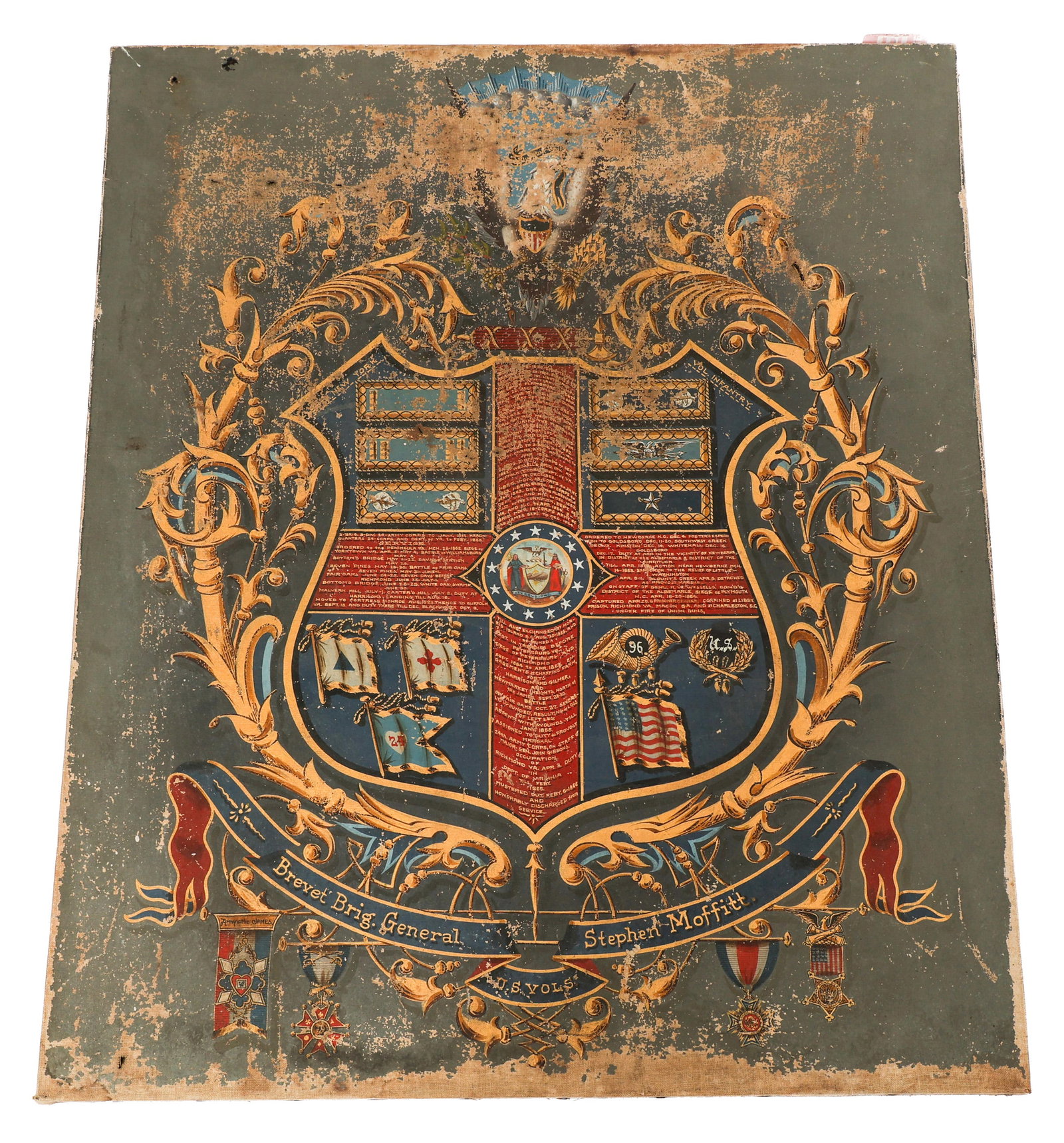CIVIL WAR BRIGADIER GENERAL MOFFITT OIL PAINTING: CIVIL WAR BRIGADIER GENERAL MOFFITT OIL PAINTING Civil War Brigadier General Stephen Moffitt 96th Infantry Regiment oil painting on canvas. Artwork depicts a coat of arms with battles and orders