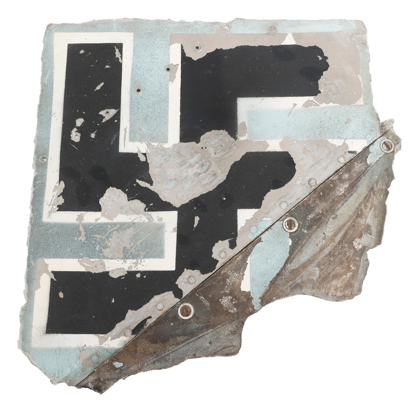 WWII RECOVERED GERMAN AIRCRAFT TAIL FIN PART: WWII RECOVERED GERMAN AIRCRAFT TAIL FIN PART WWII Recovered German Aircraft Tail Fin Part. Painted swastika. Size: 14" x 14"