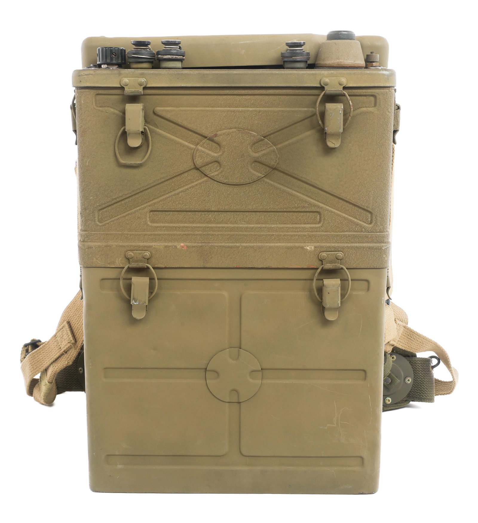 1945 US ARMY BACKPACK RADIO MODEL BC-1000-B: 1945 US ARMY BACKPACK RADIO MODEL BC-1000-B WWII US Army Backpack Radio Model BC-1000-B. Painted steel with canvas carrying straps and belt. No battery included. Internal radio component is dated