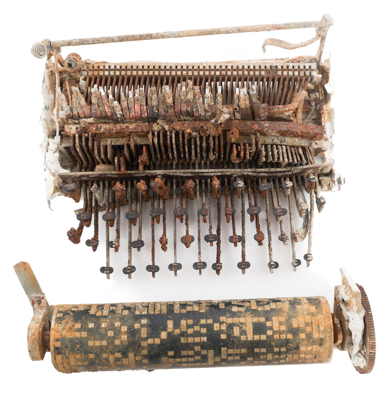 20th C. FIRE DAMAGED CODE MACHINE: 20th C. FIRE DAMAGED CODE MACHINE 20th Century Fire Damaged Code Machine. One large rotor key, mechanical buttons. No visible markings. Size: 10" x 8" x 6"