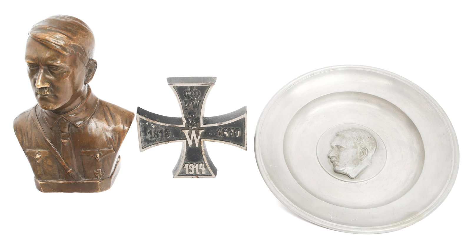 GERMAN HITLER BUST, SAUCER & IRON CROSS: GERMAN HITLER BUST, SAUCER & IRON CROSS Imperial - WWII German Hitler Bust, Saucer and Iron Cross. (1) Hitler Bust. Signed Schmidt on reverse. (1) Alloy Saucer with Hitler bust.. Maker marked and