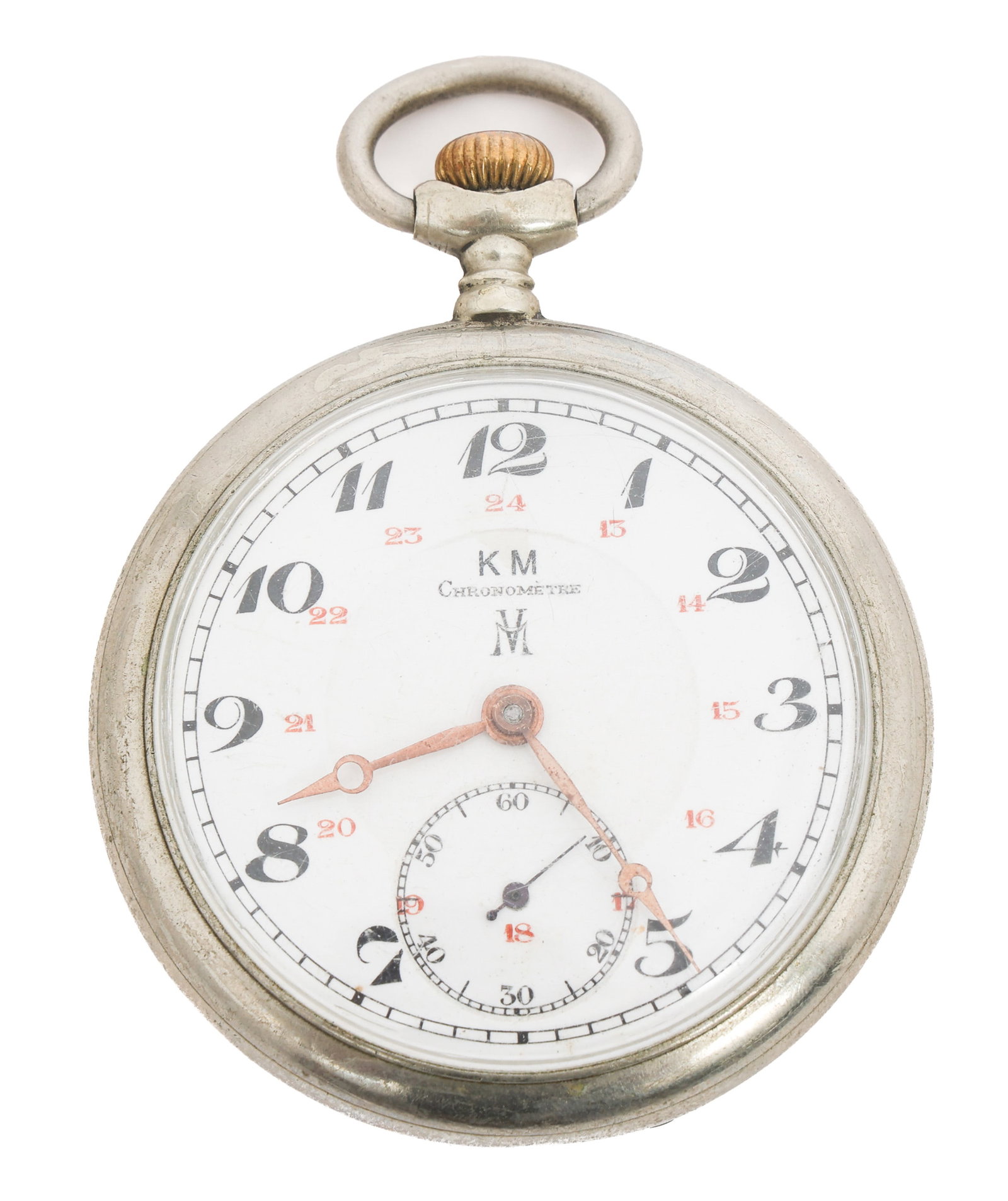 WWII GERMAN KRIEGSMARINE CHRONOMETRE POCKET WATCH: WWII GERMAN KRIEGSMARINE CHRONOMETRE POCKET WATCH WWII German Kriegsmarine Chronometre Pocket Watch. "U-47 Die Scapa Flow Besatzung" etched on the reverse. Swiss movement. Alloy case.