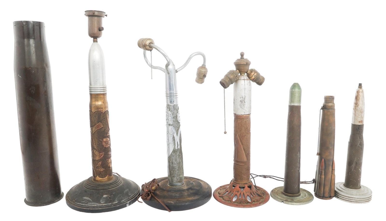 WWI - WWII WORLD MILITARY TRENCH ART LAMPS & SHELL (1 of 13)