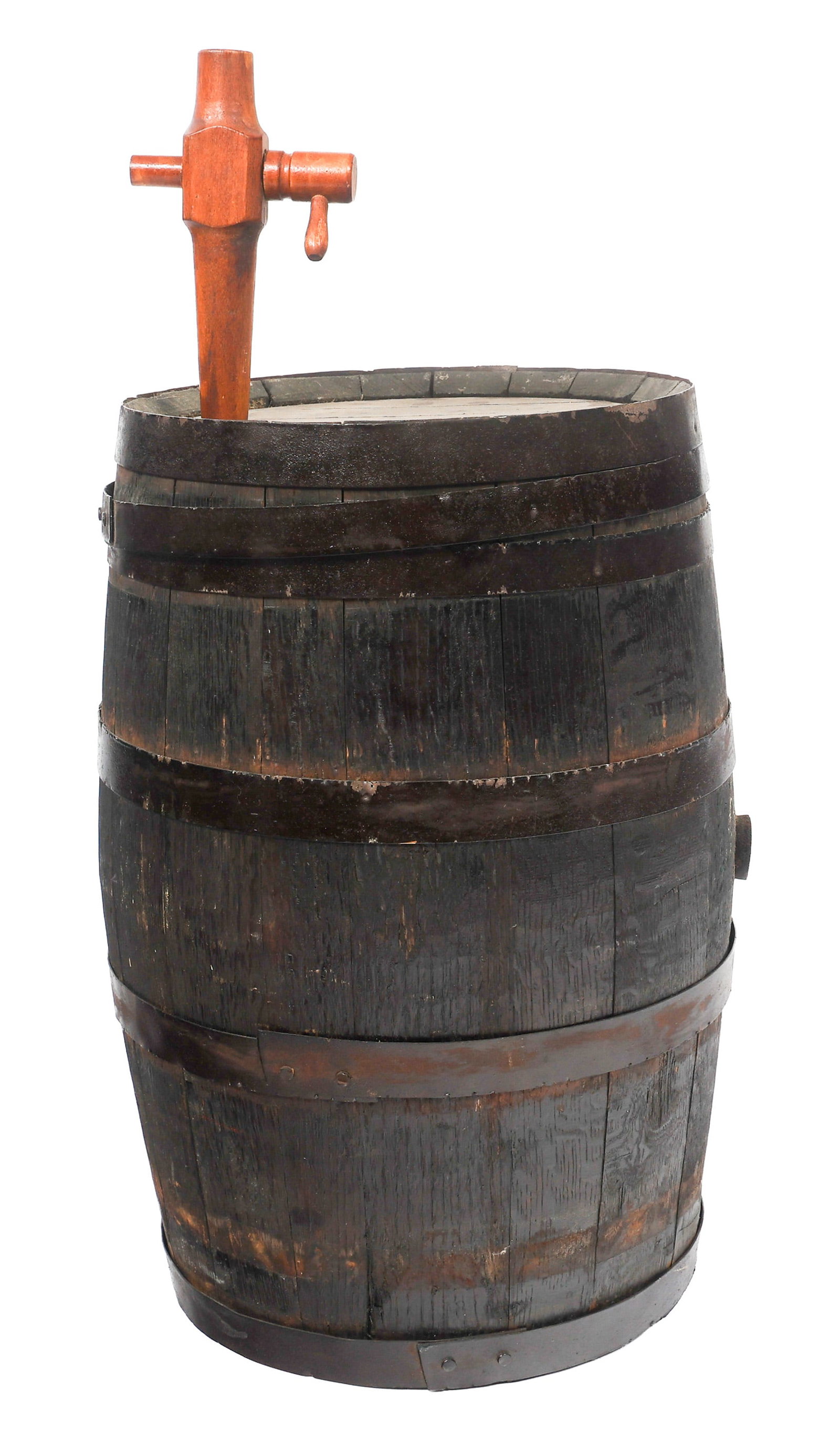 WOODEN WHISKEY BARREL: WOODEN WHISKEY BARREL Whiskey Barrel. Wood with steel hoops. Wooden bung hole plug and Spigot. Size: 28 1/2" x 14" x 14" Weight: 23 lbs