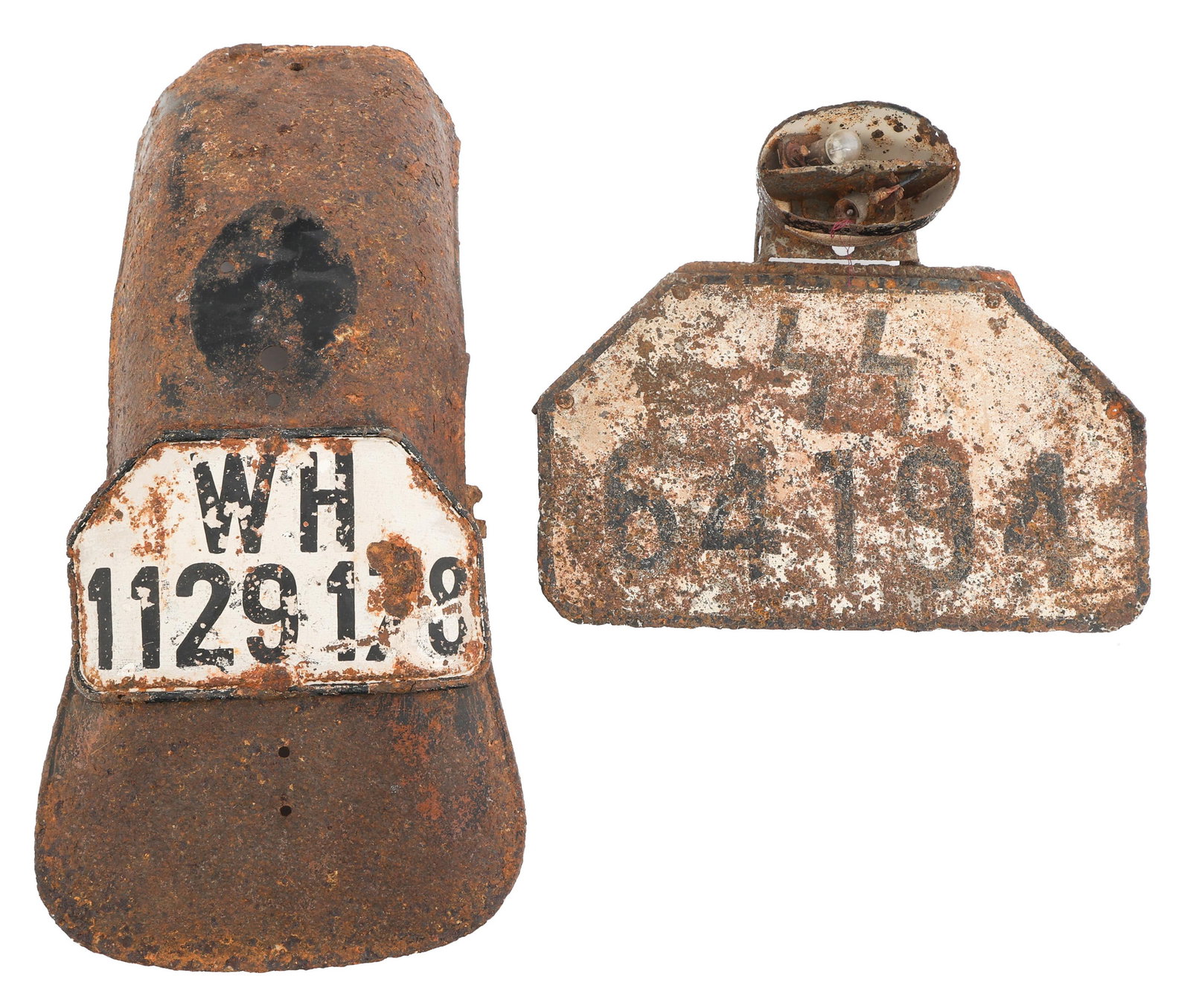 WWII GERMAN HEER & SS LICENSE PLATES: WWII GERMAN HEER & SS LICENSE PLATES WWII German Heer and SS License Plates. (1) Motorcycle License Plate. Embossed edge with plate number WH 1129178. (1) SS License Plate. Flat edge with plate