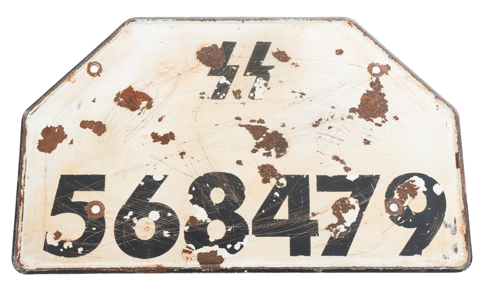 WWII GERMAN SS MARKED LICENSE PLATE: WWII GERMAN SS MARKED LICENSE PLATE WWII German SS Marked License Plate. Embossed edge with plate number 568479 and SS runes. Size: 13" x 7"