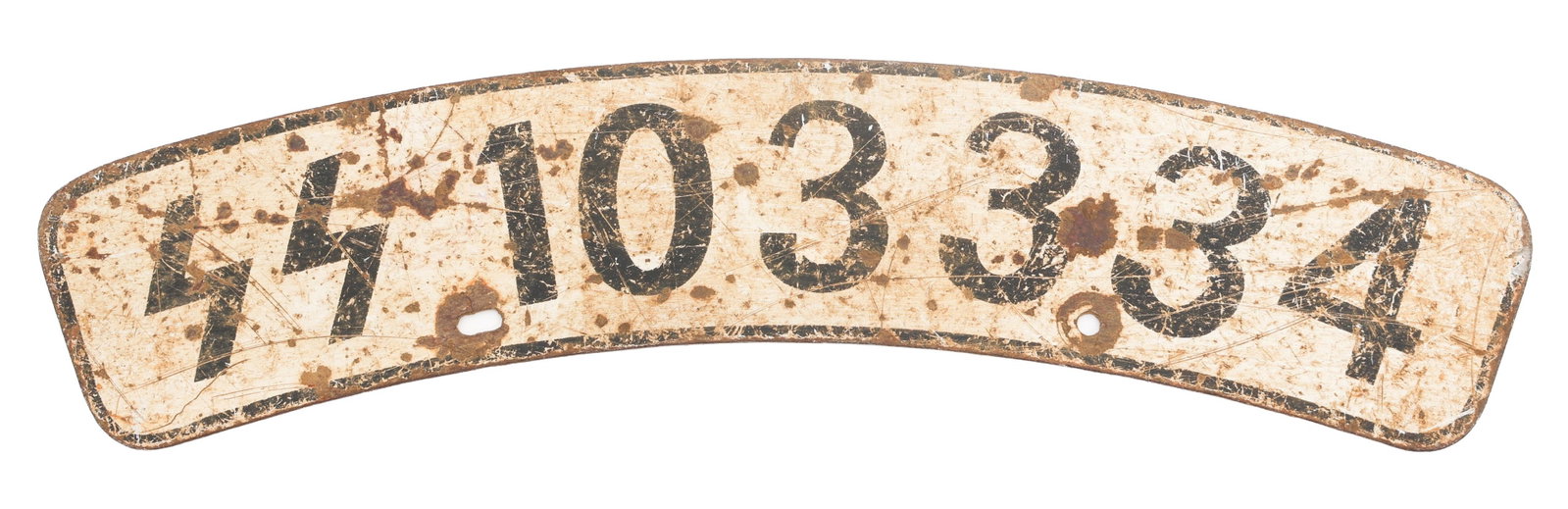 WWII GERMAN SS MARKED MOTORCYCLE LICENSE PLATE: WWII GERMAN SS MARKED MOTORCYCLE LICENSE PLATE WWII German SS Marked Motorcycle License Plate. Flat edge with plate number 103334 and SS runes. Size: 13" x 3"