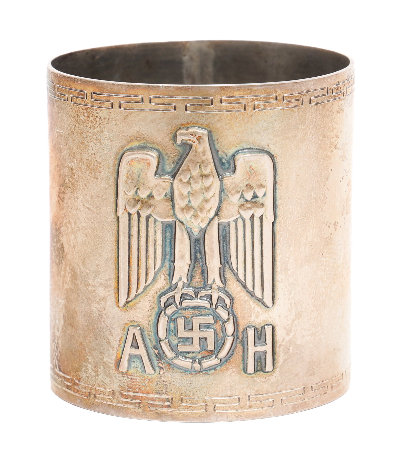 WWII GERMAN ADOLF HITLER SILVER NAPKIN RING: WWII GERMAN ADOLF HITLER SILVER NAPKIN RING WWII German Adolf Hitler Silver Napkin Ring. .925 sterling silver. Maker marked by Bruckmann and marked 925. Weight: 48g