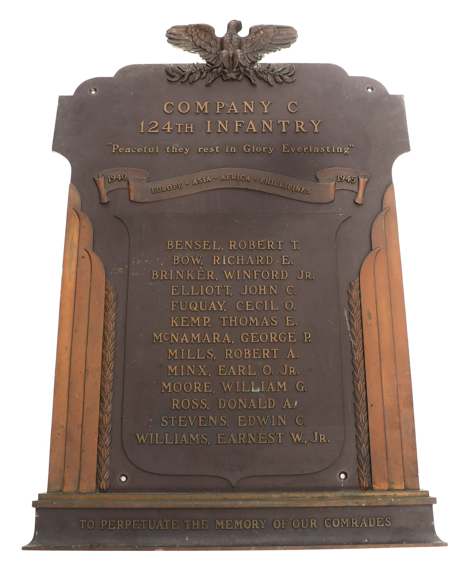 WWII US ARMY 124th INFANTRY BRONZE MEMORIAL PLAQUE: WWII US ARMY 124th INFANTRY BRONZE MEMORIAL PLAQUE WWII U.S. Army 124th Infantry Company C Bronze Memorial Plaque. Features an eagle design with the names of the fallen service members, dated 1940 to 