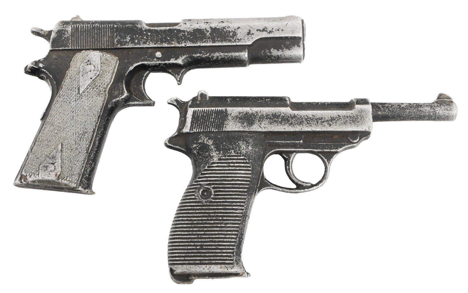 WWII CAST ALUMINUM TRAINING P38 & 1911 PISTOLS: WWII CAST ALUMINUM TRAINING P38 & 1911 PISTOLS Cast aluminum WWII Training pistols. Model P38 and 1911. Caliber / Gauge: Dummy Non-firing Barrel Length: 4.75'", 3.50" Classification: Non-firearm
