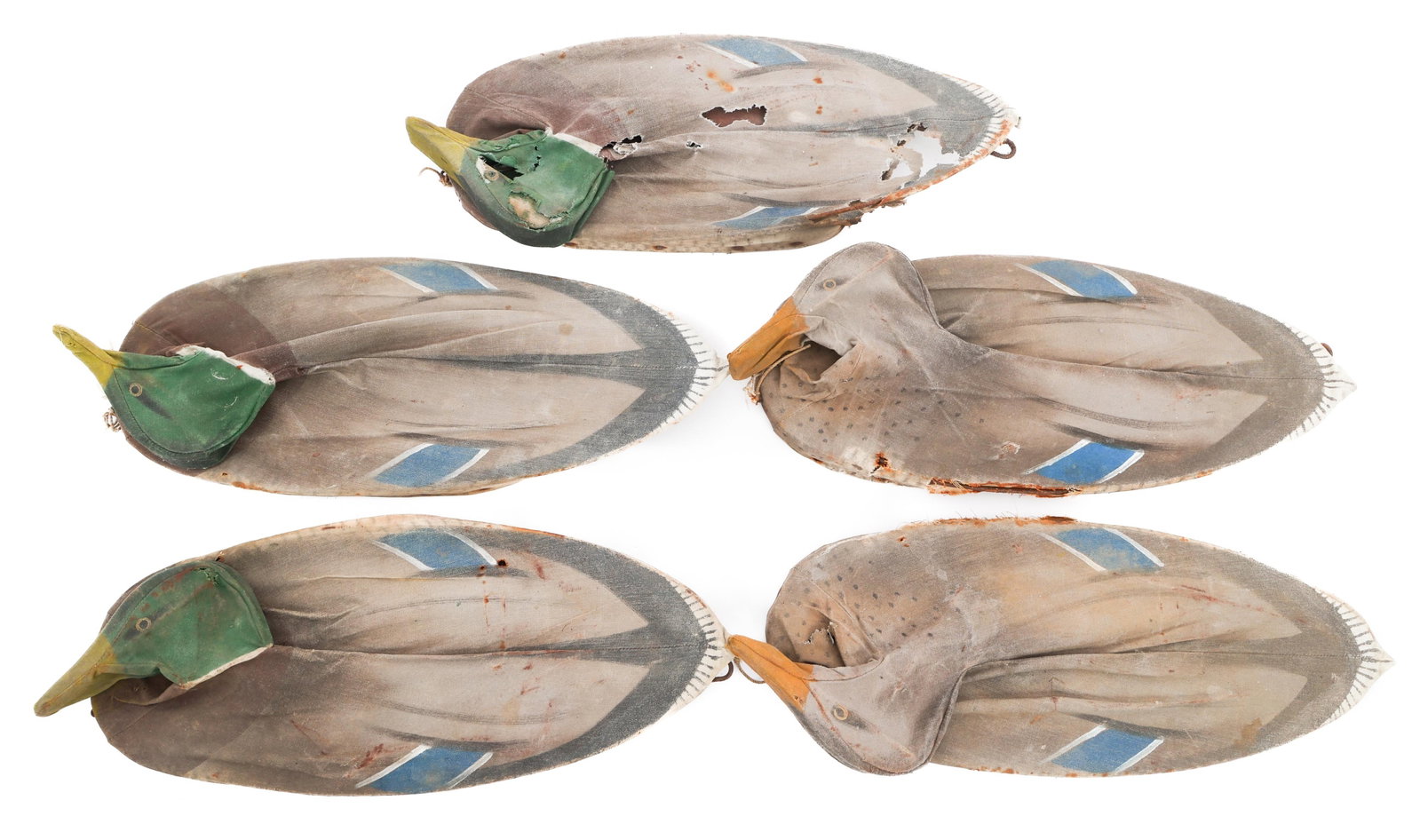 WOOD & CANVAS PAINTED DUCK HUNTING DECOYS: WOOD & CANVAS PAINTED DUCK HUNTING DECOYS Five Wood and Canvas Painted Duck Hunting Decoys. (2) Drake. (3) Hen. All marked J.W. Reynolds, Forest Park, ILL Patented on bottom. Size: 14 1/2" x 6" x 2" S