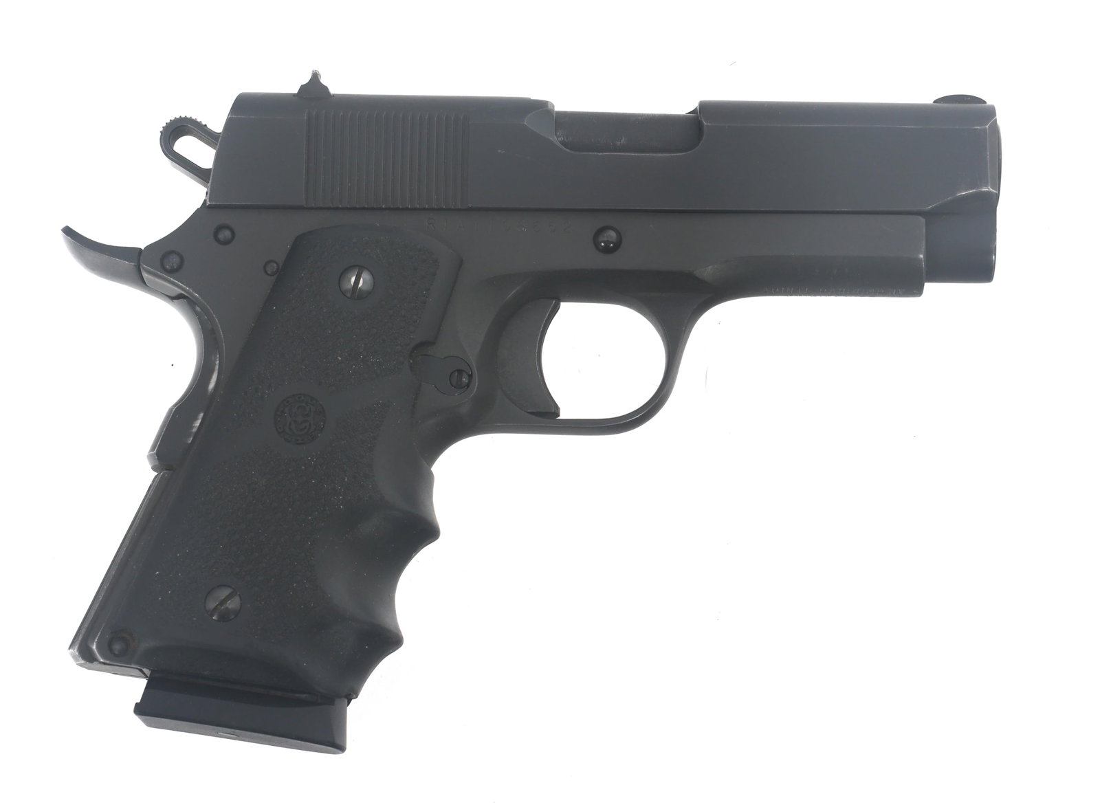ROCK ISLAND 1911 COMPACT .45 ACP CALIBER PISTOL: ROCK ISLAND 1911 COMPACT .45 ACP CALIBER PISTOL Rock Island Armory Model 1911 Compact .45 ACP semi automatic pistol. Import stamped APINTL. Matte black finish. Fixed sights. Hogue rubber grips. One ma