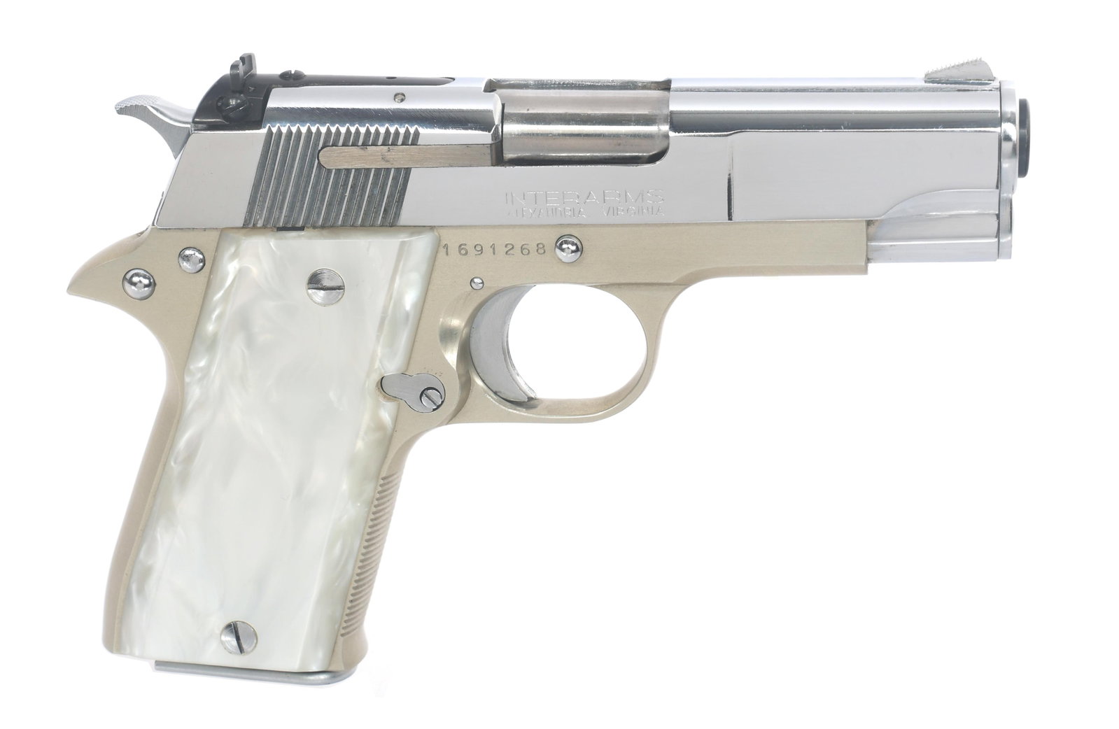 STAR MODEL PD .45 ACP CALIBER SEMI AUTO PISTOL: STAR MODEL PD .45 ACP CALIBER SEMI AUTO PISTOL Star Model PD .45 ACP caliber semi automatic pistol. Import stamped Interarms. Nickel plated. Adjustable rear sight. Faux MOP grips. One magazine. Cleani