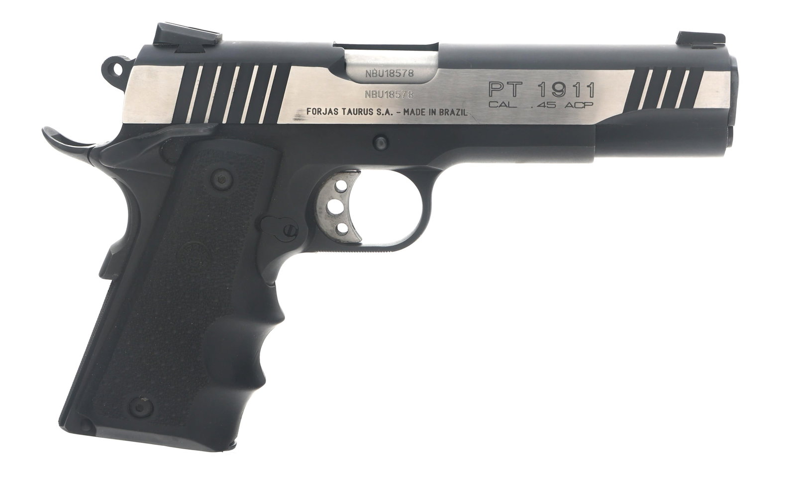 TAURUS MODEL PT 1911 .45 ACP SEMI AUTO PISTOL: TAURUS MODEL PT 1911 .45 ACP SEMI AUTO PISTOL Taurus Model PT 1911 .45 ACP caliber semi automatic pistol. Import stamped Taurus. Fixed sights. Textured rubber hogue grips. Checkered composite Taurus g