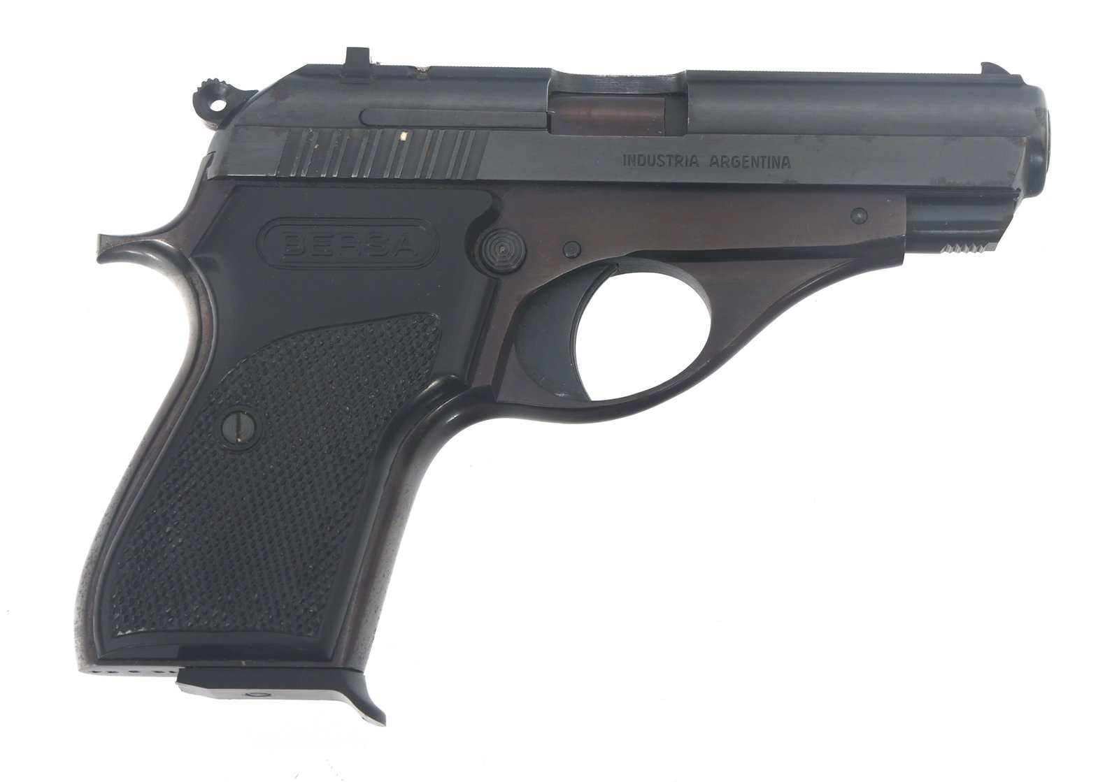 BERSA MODEL LUSBER 844 7.65mm CALIBER PISTOL: BERSA MODEL LUSBER 844 7.65mm CALIBER PISTOL Bersa Model Lusber 844 7.65mm caliber semi automatic pistol. No import stamp. Blued finish Fixed sights. Checkered logo grips. Hammer safety and cross bloc